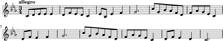 
{
% 0
 \tempo "allegro"
\numericTimeSignature \time 3/4 \key c \minor
 c'8 d'8 ees'8 ees'8 ees'4 d'8 f'8 ees'8 d'8 c'4 ees'8 bes8 ees'4 f'4 g'2.
% 2
c''8 g'8 bes'8 aes'8 f'8 d'8 f'8 aes'8 g'8 ees'8 c'4 d'8 f'8 ees'4 f'4 g'2. c''8 g'8 bes'8 aes'8 f'8 d'8 f'8 aes'8 g'8 ees'8 c'4 d'8 f'8 ees'4 d'4 c'2.
\bar "|"
}
