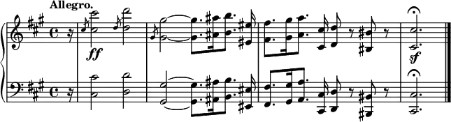 
\new PianoStaff <<
    \new Staff = "up" \relative c'' {
  \clef treble 
  \key fis \minor
  \time 4/4
  \tempo "Allegro."
  \tempo 4 = 120
   \partial 16 r16
   \slashedGrace cis8  <cis cis'>2 \ff \slashedGrace d8 <d d'>2
   \slashedGrace gis,8  <gis gis'>2~ <gis gis'>8. [<ais ais'>16 <b b'>8.] <eis, eis'>16
   <fis fis'>8. [<gis gis'>16 <a a'>8.] <cis, cis'>16 <d d'>8 r8 <bis bis'>8 r8
   <cis cis'>2.\sf\fermata
   \bar "|."
}
    \new Staff = "down" \relative c {
  \clef bass
  \key fis \minor
  \time 4/4
   \partial 16 r16
   <cis cis'>2 <d d'>2
   <gis, gis'>2~ <gis gis'>8. [<ais ais'>16 <b b'>8.] <eis, eis'>16
   <fis fis'>8. [<gis gis'>16 <a a'>8.] <cis, cis'>16 <d d'>8 r8 <bis bis'>8 r8
   <cis cis'>2.\fermata
}
  >>
