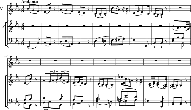 
\new GrandStaff <<
    \new StaffGroup <<
      \new Staff {
        \version "2.18.2"
         \tempo  "Andante"
        \clef treble
        \key ees \major
       \time 3/8
       \tempo 4 = 50
     \relative c'' {\set Staff.instrumentName = "P"
                \repeat  unfold 12 {R} 
                bes8 (g8.) aes32 (f)
                ees8 (c') r
                aes \tuplet 3/2 {g16 aes-. bes-.}  \tuplet 3/2 {d16 (aes f)}
                ees16. (f32 es) d8 r
                d16 (c) c8-. (c-.)
                ees'!16. c32 a8 r16 bes
                <bes, d> (<d f>) <c ees>8. (<a c>32)
                <a c>16 (bes) bes8 r
            }
      }
      \new Staff {
                 \clef bass
                  \key ees \major
                  \time 3/8
      \relative c {
            ees,4 (bes'8)
            c (aes) r
            d (ees a,)
            bes4 r8
            ees4 (e8 f fis g)
            f!4 f,8
            bes-! bes-! r
            <<{\stemDown ees4 bes8 c aes s d _ (ees) aes, bes4 s8 ees4 _(e8) f fis g} \\ {\stemUp g8 bes aes  g aes r bes4 aes8 g8 (f) r <g bes>4. a8 ^(ees' d)}>>
            f,!4 <f, ees'>8
            <bes d> <bes d> r
             }
      }
>>
    \new Staff { \set Staff.instrumentName = "V1"
           \relative c'' {
              \key ees \major
              \time 3/8
             bes8  (g f)
             ees (c') r
             aes (g f)
             ees (d) r
             c-. (c-. c-.)
             c' (a) r16 bes
             d,8 ( \grace f16 (ees8.)) c16
             c (bes) bes8-! r
             \repeat unfold 24 {R}
                 }
           }
  >>
