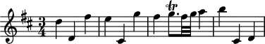 
\header {
  tagline = ##f
}
\score {
  \new Staff \with {
  }
<<
  \relative c'' {
    \key d \major
    \time 3/4
    \override TupletBracket #'bracket-visibility = ##f 
    \autoBeamOff
     %%%%%%%%%%% K 64
     d4 d, fis' e cis, g'' fis g8.\trill[ fis32 g] a4 b cis,, d
  }
>>
  \layout {
    \context {
      \remove "Metronome_mark_engraver"
    }
  }
  \midi {}
}
