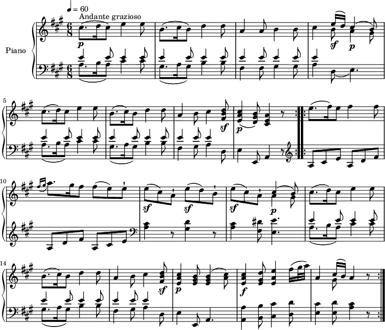 
\version "2.14.2"
\header {
  tagline = ##f
}
upper= \relative c'' {
    \clef treble
    \key a \major
    \time 6/8
    \tempo 4 = 60
    \tempo "Andante grazioso"
    \set Staff.midiInstrument = #"piano"
    \repeat volta 2 {
    cis8.\p^\markup { Andante grazioso } (d16 cis8) e4 e8
    b8. (cis16 b8) d4 d8
    a4 a8 b4 b8
    cis4  << {e16\sf (d) cis4 ^(b8) } \\ {b8 a4\p gis8} >>
    cis8. (d16) cis 8 e4 e8
    b8. (cis16) b8 d4 d8
    a4 b8 cis4 <fis, b d>8\sf
    < e a cis>4\p (<d gis b>8) < cis e a>4 r8
  }
    \repeat volta 2 {
      e'8. (fis16) e8 fis4 fis8
      \grace {fis16 (gis} a8.) gis16 fis8 fis8 (e) e-!
      e\sf (cis) a-! e'\sf (d) b-!
      e\sf (cis) a-!  <<{ cis4 ^(b8)} \\ { a4\p gis8 } >>
      cis8. (d16) cis 8 e4 e8
      b8. (cis16) b8 d4 d8
      a4 b8 cis4 <fis, b d>8\sf
      <e a cis>4\p  <e gis b>8  <e gis b>4 (<a cis>8)
      <e a cis>4\f  <e gis d'>8 <e a e'>4 fis'16 (gis32 a)
      a,4 <<{cis16 (b)}\\ {gis8}>> a4 r8
    }
}
lower=\relative c' {
   \clef bass
    \key a \major
    \time 6/8
    \set Staff.midiInstrument = #"piano"
  \repeat volta 2 {
   << { e4 e8 e4 e8 } \\ { a,8.( b16 a8) cis4 cis8 } >>
   << { e4 e8 e4 e8 } \\ { gis,8.( a16 gis8) b4 b8 } >>
   << { e4 e8 e4 e8 } \\ { fis,4 fis8 gis4 gis8 } >>
   << { e'4 } \\ { a,4 d,8( e4.) } >>
   << { e'4 e8 e4 e8 } \\ { a,8.( b16 a8) cis4 cis8 } >>
   << { e4 e8 e4 e8 } \\ { gis,8.( a16 gis8) b4 b8 } >>
   << { e4 e8 e4 } \\ { fis,4 gis8 a4 d,8 } >>
   e4 e,8 a4 r8
  }
    \repeat volta 2 {\clef treble
     a'8 cis e a, d fis
     a, d fis a, cis e
     \clef bass
     <a, cis>4 r8 < gis d'>4 r8
     <a cis>4 <fis dis'>8 <e e'>4.
     << { e'4 e8 e4 e8 } \\ { a,8.( b16 a8) cis4 cis8 } >>
     << { e4 e8 e4 e8 } \\ { gis,8.( a16 gis8) b4 b8 } >>
     << { e4 e8 e4 } \\ { fis,4 gis8 a4 d,8 } >>
     e4 e,8 a4.
     <a a'>4 <b b'>8 <cis cis'>4 <d d'>8
     <e cis'>4 <e d'>8 <a cis>4 r8
    }
  }
\score {
       \new PianoStaff \with { instrumentName = #"Piano" }
       <<
         \new Staff = "upper" \upper
         \new Staff = "lower" \lower
       >>
\layout { }
\midi { } }
