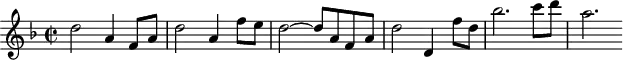 
\header {
  tagline = ##f
}
\score {
  \new Staff \with {
  }
<<
  \relative c'' {
    \clef treble
    \key f \major
    \time 2/2
    \tempo 2 = 75
    %\autoBeamOff
    \set Staff.midiInstrument = #"string ensemble 1"
     %%%%%%%%%%%%%%%%%%%%%%%%%% AB 9-1 th3
     d2 a4 f8 a d2 a4 f'8 e d2~ d8 a f a d2 d,4 f'8 d bes'2. c8 d a2.
  }
>>
  \layout {
    \context { \Score \remove "Metronome_mark_engraver"
    }
  }
  \midi {}
}
