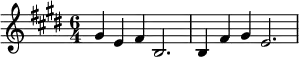  \relative c'' {\time 6/4  \key e \major gis4 e fis b,2. | b4 fis' gis e2. |}