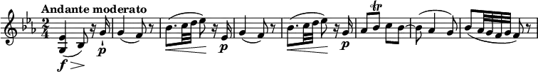 
\relative c'' {
  \version "2.18.2"
  \key ees \major
  \time 2/4
  \tempo "Andante moderato"
  \tempo 4 = 60
  <g, ees'>4\f\> (bes8)\!  r16 g'16-!\p
  g4 (f8) r8
  bes8. \< (c32 d ees8))\! r16 ees,16\p
   g4 (f8) r8
   bes8. \< (c32 d ees8))\! r16 g,16\p
   aes8 bes\trill c bes ~
   bes (aes4 g8)
   bes (aes32 g f g f8) r8
}
