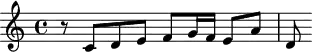 
\version "2.18.2"
\header {
  tagline = ##f
}
\score {
  \new Staff \with {
  }
<<
  \relative c' {
    \key c \major
    \time 4/4
     %% SUJET fugue CBT I-1, BWV 846, ut majeur
     r8 c8 d e f8 g16 f e8 a d, 
  }
>>
  \layout {
     \context { \Score \remove "Metronome_mark_engraver" }
  }
  \midi {} 
}
