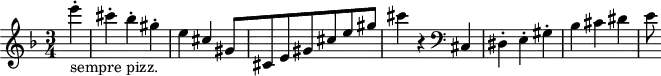 
\header {
  tagline = ##f
}
\score {
  \new Staff \with {
  }
<<
  \relative c'' {
    \clef treble
    \key f \major
    \time 3/4
    \tempo 4 = 155
    %\autoBeamOff
    \set Staff.midiInstrument = #"pizzicato strings"
     %%%%%%%%%%%%%%%%%%%%%%%%%% AB 9-2 th1
     \partial 4 e'4-.-"sempre pizz." cis-. bes-. gis-. e cis[ gis cis,8 e gis cis e gis] cis4 r4 \clef bass cis,,,4 dis-. e-. gis-. bes cis dis e8
  }
>>
  \layout {
    \context { \Score \remove "Metronome_mark_engraver"
    }
  }
  \midi {}
}
