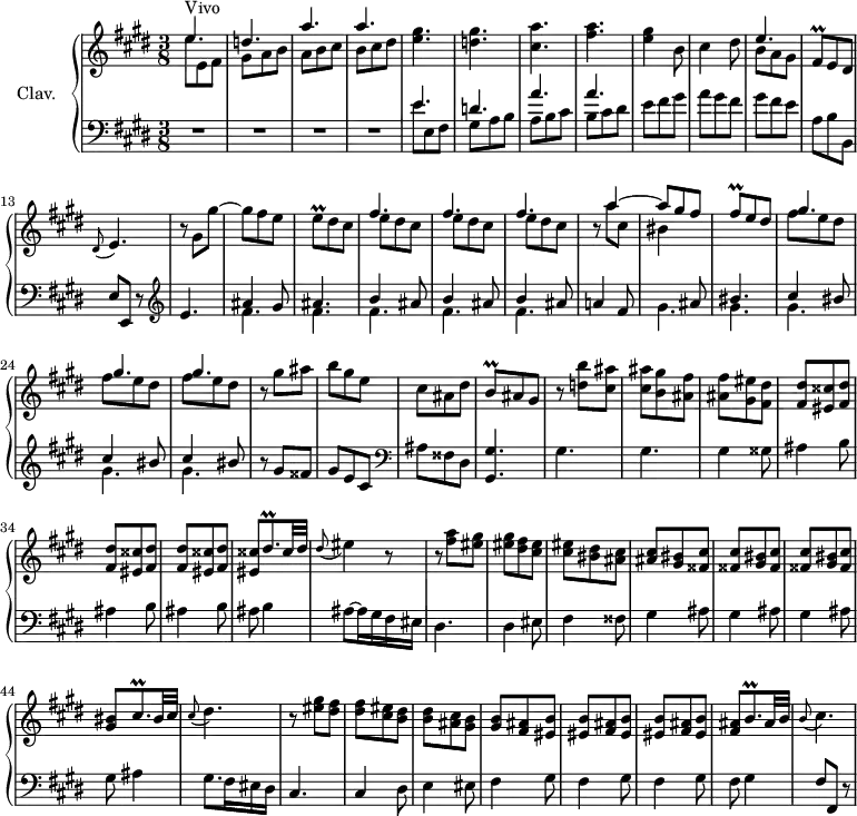 
\version "2.18.2"
\header {
  tagline = ##f
  % composer = "Domenico Scarlatti"
  % opus = "K. 264"
  % meter = "Vivo"
}
%% les petites notes
trillFisq       = { \tag #'print { fis8\prall } \tag #'midi { gis32 fis gis fis } }
trillEq         = { \tag #'print { e8\prall } \tag #'midi { fis32 e fis e } }
trillBq         = { \tag #'print { b8\prall } \tag #'midi { cis32 b cis b } }
trillDisqp      = { \tag #'print { dis8.\prall } \tag #'midi { e32 dis e dis~ dis16 } }
trillDisqpUp    = { \tag #'print { dis'8.\prall } \tag #'midi { e32 dis e dis~ dis16 } }
trillCisqpUp    = { \tag #'print { cis'8.\prall } \tag #'midi { dis32 cis dis cis~ cis16 } }
trillCisqp      = { \tag #'print { cis8.\prall } \tag #'midi { dis32 cis dis cis~ cis16 } }
trillBqp        = { \tag #'print { b8.\prall } \tag #'midi { cis32 b cis b~ b16 } }
upper = \relative c'' {
  \clef treble 
  \key e \major
  \time 3/8
  \tempo 4. = 90
      s8*0^\markup{Vivo}
      << { e4. d! a' a } \\ { e8 e, fis | gis a b | a b cis | b cis dis } >> | < e gis >4. | < d gis > | 
      % ms. 7
      < cis a' >4. | < fis a > | < e gis >4 b8 | cis4 dis8 |
      << { e4. } \\ { b8 a gis } >> | \trillFisq e8 dis | \appoggiatura dis8 e4. |
      % ms. 14
      r8 gis gis'~ | gis fis e | \trillEq dis8 cis | \repeat unfold 3 { << { fis4. } \\ { e8 dis cis } >> } |
      % ms. 20
      r8  << { a'4~ | a8 gis fis | \trillFisq e8 dis } \\ { a'8 cis, | bis4 } >> |
      \repeat unfold 3 { << { gis'4. } \\ { fis8 e dis } >> } | r8 gis8 ais | b gis e |
      % ms. 28
      cis ais dis | \trillBq ais8 gis | r8 < d' b' >8 < cis ais' > | < cis ais' > < b gis' > < ais fis' > |
      q < gis eis' >8 < fis dis' > | \repeat unfold 3 { q < eis cisis' >8 < fis dis' > }
      % ms. 36
      < eis cisis' >8 \trillDisqpUp cisis32 dis  | \appoggiatura dis8 eis4 r8 |
      r8 < fis a >8 < eis gis > | q < dis fis > < cis eis > | q < bis dis > < ais cis > |
      % ms. 41
      q < gis bis > < fisis cis' > | \repeat unfold 2 { q < gis bis > < fisis cis' > } |
      < gis bis >8 \trillCisqp bis32 cis | \appoggiatura cis8 dis4. | r8 < eis gis >8 < dis fis > | q < cis eis > < b dis > |
      % ms. 48
      q < ais cis >8 < gis b > | q < fis ais >8 < eis b' > |
      \repeat unfold 2 { q < fis ais >8 < eis b' > } | < fis ais >8 \trillBqp ais32 b | \appoggiatura b8 cis4. |
}
lower = \relative c' {
  \clef bass
  \key e \major
  \time 3/8
    % ************************************** \appoggiatura a16  \repeat unfold 2 {  } \times 2/3 { }   \omit TupletNumber 
      R4.*4 << { e4. d! a' a } 
       \\ { e8 e, fis | gis a b | a b cis | b cis dis } >>
      % ms. 9
      e8 fis gis | a gis fis | gis fis e | a, b b, | e e, r8   \clef treble  |
      % ms. 14
      e''4. << { ais4 gis8 | ais4. | \repeat unfold 3 { b4 ais8 } } \\ { \repeat unfold 5 { fis4. } } >>  | a!4 fis8 |
      % ms. 21
      << { s4 ais8 | bis4. | \repeat unfold 3 { cis4 bis8 } } 
       \\ { \repeat unfold 5 { gis4. } } >> r8 gis8 fisis | gis e cis   \clef bass |
      % ms. 28
      ais8 fisis dis | < gis, gis' >4. gis' gis | gis4 gisis8 |
      % ms. 33
      \repeat unfold 3 { ais4 b8 } | ais8 b4 | ais8~ ais16 gis fis eis | dis4. | dis4 eis8 | fis4 fisis8 |
      % ms. 41
      \repeat unfold 3 { gis4 ais8 } | gis8 ais4 | gis8. fis16 eis dis | cis4. | cis4 dis8 |
      % ms. 48
      e4 eis8 | \repeat unfold 3 { fis4 gis8 } | fis8 gis4 | fis8 fis, r8
}
thePianoStaff = \new PianoStaff <<
    \set PianoStaff.instrumentName = #"Clav."
    \new Staff = "upper" \upper
    \new Staff = "lower" \lower
  >>
\score {
  \keepWithTag #'print \thePianoStaff
  \layout {
      #(layout-set-staff-size 17)
    \context {
      \Score
     \mergeDifferentlyDottedOn
     \override TupletBracket.bracket-visibility = ##f
     \override SpacingSpanner.common-shortest-duration = #(ly:make-moment 1/2)
      \remove "Metronome_mark_engraver"
    }
  }
}
\score {
  \keepWithTag #'midi \thePianoStaff
  \midi { \set Staff.midiInstrument = #"harpsichord" }
}
