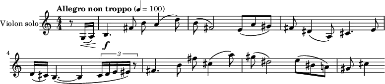 
\header {
  tagline = ##f
}
\score {
  \relative c' {
    \set Staff.instrumentName = "Violon solo"
    \set Staff.midiInstrument = "Violin"
    \numericTimeSignature
    \partial 4
    \tempo "Allegro non troppo" 4 = 100
    r8 g16\<( a)
    b4.\f fis'8 b a4( d8) b( fis2) e8( a gis)
    fis dis4( a8) cis4. e8 d16( cis) b4.~( b4 \times 2/3 { cis16 d e eis) r8 }
    fis4. b8 fis' cis4( a'8) gis( dis2) e8( bis a!)
    gis cis4
  }
  \layout{}
  \midi{}
}
