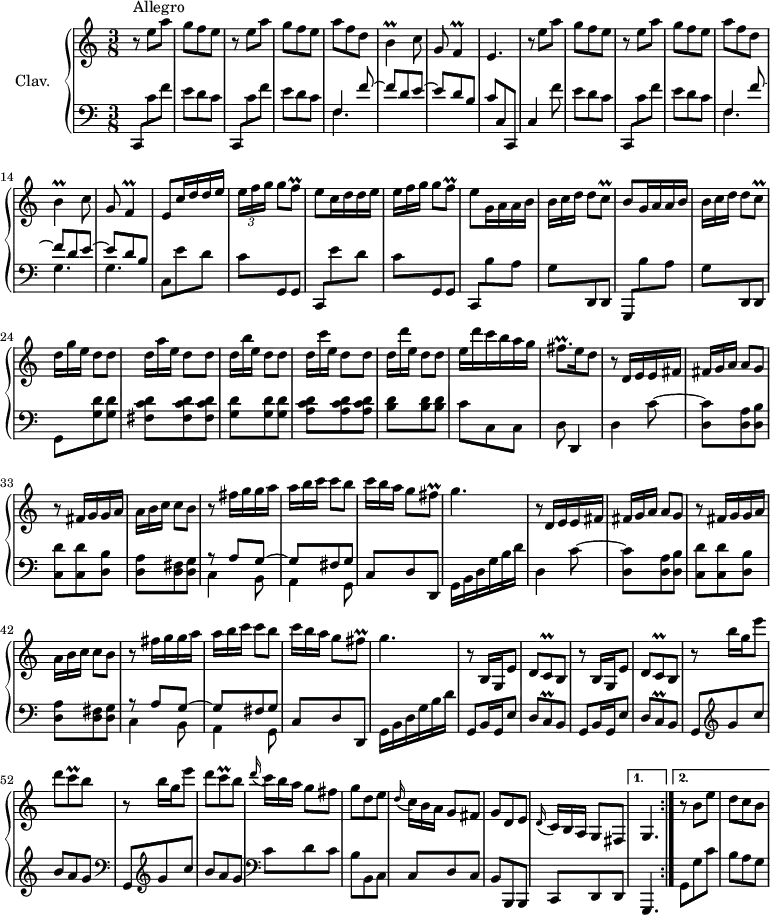 
\version "2.18.2"
\header {
  tagline = ##f
  % composer = "Domenico Scarlatti"
  % opus = "K. 385"
  % meter = "Allegro"
}
%% les petites notes
trillB       = { \tag #'print { b4\prall } \tag #'midi { c32 b c b~ b8 } }
trillF       = { \tag #'print { f4\prall } \tag #'midi { e32 f e f~ f8 } }
trillFq      = { \tag #'print { f8\prall } \tag #'midi { e32 f e f } }
trillCq      = { \tag #'print { c8\prall } \tag #'midi { d32 c d c } }
trillfisqp   = { \tag #'print { fis8.\prall } \tag #'midi { g32 fis g fis~ fis16 } }
trillfisq    = { \tag #'print { fis8\prall } \tag #'midi { g32 fis g fis } }
trillCqCed   = { \tag #'print { c8\prall } \tag #'midi { d32 c d   \tempo 4. = 20 c   \tempo 4. = 70 } }
upper = \relative c'' {
  \clef treble 
  \key c \major
  \time 3/8
  \tempo 4. = 70
 \repeat volta 2 {
      s8*0^\markup{Allegro}
      \repeat unfold 2 { r8 e8 a | g f e } | a f d | \trillB c8 | g8 \trillF | e4. |
      % ms. 9
      \repeat unfold 2 { r8 e'8 a | g f e } | a f d | \trillB c8 | g8 \trillF | e8 \repeat unfold 2 { c'16 d d e |
      % ms. 17
      \times 2/3 { e16[ f g] } g8 \trillFq | e8 \omit TupletNumber  } g,16 a a b | \times 2/3 { b16[ c d] } d8 \trillCq |
      b8 g16 a a b | \times 2/3 { b16[ c d] } d8 \trillCqCed |
      % ms. 24
      \times 2/3 { d16[ g e] } d8 d | \times 2/3 { d16[ a' e] } d8 d | \times 2/3 { d16[ b' e,] } d8 d |
      \times 2/3 { d16[ c' e,] } d8 d | \times 2/3 { d16[ d' e,] } d8 d | e16 d' c b a g  | \trillfisqp e16 d8 |
      % ms. 31
      \repeat unfold 2 { r8 d,16 e e fis | \times 2/3 { fis16[ g a] } a8 g | r8 fis16 g g a | \times 2/3 { a16[ b c] } c8 b |
      r8 fis'16 g g a | \times 2/3 { a16[ b c] } c8 b | \times 2/3 { c16[ b a] } g8 \trillfisq |
      % ms. 46
      g4. } | \repeat unfold 2 { r8 b,,16 g e'8 | d \trillCq b8 } \repeat unfold 2 { r8 b''16 g e'8 | d \trillCq b8 } 
      % ms. 55
      \times 2/3 { \appoggiatura d16 c16[ b a] } g8 fis | g d e | \times 2/3 { \appoggiatura d16 c16[ b a] } g8 fis | g d e |
      \times 2/3 { \appoggiatura d16 c16[ b a] } g8 fis }%repet
      % ms. 61
      \alternative {
          { g4. | }
          { r8 b'8 e | d c b }
      }
}
lower = \relative c' {
  \clef bass
  \key c \major
  \time 3/8
\repeat volta 2 {
    % ************************************** \appoggiatura a16  \repeat unfold 2 {  } \times 2/3 { }   \omit TupletNumber 
      \repeat unfold 2 { c,,8 c'' f | e d c } | << { f,4 f'8~ | f d e~ | e d b } \\ { \mergeDifferentlyDottedOn f4. } >> c'8  c,   \tempo 4. = 35 c,   \tempo 4. = 70 |
      % ms. 9
      c'4 f'8 | e d c | c,, c'' f | e d c | 
      << { f,4 f'8~ | f d e~ | e d b } 
       \\ { \mergeDifferentlyDottedOn f4. g g } >> | c,8 \repeat unfold 2 { e' d \stemDown |
      % ms. 17
      c8 \stemUp g, g \stemNeutral | \stemUp c, \stemNeutral } \stemDown  b'' a | g \stemNeutral d, d | g, b'' a  |  \stemDown g \stemUp d, d \stemNeutral |
      % ms. 24
      g8 < g' d' > q | < fis c' d > q q | < g d' > q q | < a c d > q q | < b d > q q | c8 c, c | d d,4 |
      % ms. 31
      \repeat unfold 2 { d'4 c'8~ | < d, c' >8 < d a' > < d b' > | < c d' > q < d b' > | < d a' > < d fis > < d g > |
      << { r8 a'8 g~ | g fis g } \\ { c,4 b8 | a4 g8 } >> c8 d d, |
      % ms. 38
      g16 b d g b d } |
      % ms. 47
      \repeat unfold 2 { g,,8 b16 g e'8 | d \trillCq b8 } |
      \repeat unfold 2 { g8   \clef treble   g'' c | b a g   \clef bass } |
      % ms. 55
      c,8 d c | b b, c | c d c | b b, b | c d d }%repet
      % ms. 61
      \alternative {
          { g,4. | }
          { g'8 g' c | b a g }
      }
}
thePianoStaff = \new PianoStaff <<
    \set PianoStaff.instrumentName = #"Clav."
    \new Staff = "upper" \upper
    \new Staff = "lower" \lower
  >>
\score {
  \keepWithTag #'print \thePianoStaff
  \layout {
      #(layout-set-staff-size 17)
    \context {
      \Score
     \override TupletBracket.bracket-visibility = ##f
     \override SpacingSpanner.common-shortest-duration = #(ly:make-moment 1/2)
      \remove "Metronome_mark_engraver"
    }
  }
}
\score {
  \keepWithTag #'midi \thePianoStaff
  \midi { \set Staff.midiInstrument = #"harpsichord" }
}
