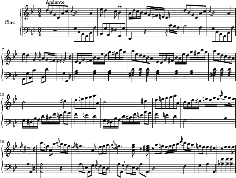 
\version "2.18.2"
\header {
  tagline = ##f
  % composer = "Domenico Scarlatti"
  % opus = "K. 234"
  % meter = "Andante"
}
%% les petites notes
trillBes       = { \tag #'print { bes4\prall } \tag #'midi { c32 bes c bes~ bes8 } }
upper = \relative c'' {
  \clef treble 
  \key g \minor
  \time 3/4
  \tempo 4 = 88
  \set Staff.midiInstrument = #"harpsichord"
  \override TupletBracket.bracket-visibility = ##f
      s8*0^\markup{Andante}
      d8 bes g d a' c | \appoggiatura c4 bes2 a4 | ees'8 d4 c8 \trillBes | a16 d c bes a g fis e d s16 s8 |
      % ms. 5
      d'8 bes g d a' c | \appoggiatura c4 bes2 a4 | ees'8 d4 g,8 \appoggiatura bes16 a8 g16 fis | \appoggiatura fis4 g2 r4 |
      % ms. 9
      \repeat unfold 2 { ees16 d g fis bes a ees' d g fis bes g | a8 ees d c bes a } | 
      % ms. 13
      \repeat unfold 2 { bes2 cis4 | d8 e f g a a, }
      % ms. 17
      bes16 a d cis e d f e \appoggiatura a16 g8 f16 e | \appoggiatura d8 cis2 r4 | a'8 e a, g' \appoggiatura a16 g8 f16 e | \appoggiatura d8 e4. a,8 d e16 f |
      % ms. 21
      \appoggiatura f16 e4. < a, d f >8 r8 < a cis e > | r8 f'16 e d e f g \appoggiatura bes16 a8 g16 f | e8 d d4 cis | r8 d4 d d8~ |
}
lower = \relative c' {
  \clef bass
  \key g \minor
  \time 3/4
  \set Staff.midiInstrument = #"harpsichord"
  \override TupletBracket.bracket-visibility = ##f
    % ************************************** \appoggiatura a16  \repeat unfold 2 {  } \times 2/3 { }   \omit TupletNumber 
      R2. | g8 d bes g c a' | bes, g' a, fis' g, g' | d,4 r4 r16 c''16 bes a |
      % ms. 5
      bes2 a4 | g8 d bes g c a' | bes, g' c, c' d,[ d'] | g,4 g, r4 | 
      % ms. 9
      \repeat unfold 2 { < g' bes >4 q q | < fis a d > q q }
      % ms. 13
      \repeat unfold 2 { g16 fis bes a d cis f e a8 g | f4 e d } | 
      % ms. 17
      g,2 bes4 | a a, r4 | < a e' a >2 r4 | a'8 e a, g' \appoggiatura g16 f8 e16 d |
      % ms. 21
      a'8 a,  \appoggiatura g'16 f8 e16 d a'8 a, | d2 f4 | g a a, | < aes' f' > q q |
}
thePianoStaff = \new PianoStaff <<
    \set PianoStaff.instrumentName = #"Clav."
    \new Staff = "upper" \upper
    \new Staff = "lower" \lower
  >>
\score {
  \keepWithTag #'print \thePianoStaff
  \layout {
      #(layout-set-staff-size 17)
    \context {
      \Score
     \override SpacingSpanner.common-shortest-duration = #(ly:make-moment 1/2)
      \remove "Metronome_mark_engraver"
    }
  }
}
\score {
  \keepWithTag #'midi \thePianoStaff
  \midi { }
}
