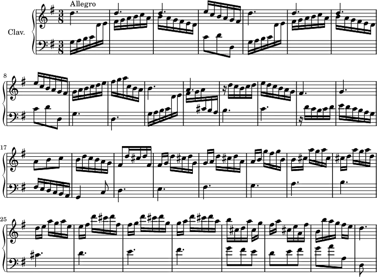 
\version "2.18.2"
\header {
  tagline = ##f
  % composer = "Domenico Scarlatti"
  % opus = "K. 325"
  % meter = "Allegro"
}
%% les petites notes
%trillBesp     = { \tag #'print { bes4.\prall } \tag #'midi { c32 bes c bes~ bes4 } }
upper = \relative c'' {
  \clef treble 
  \key g \major
  \time 3/8
  \tempo 4. = 76
  \set Staff.midiInstrument = #"harpsichord"
  \override TupletBracket.bracket-visibility = ##f
      s8*0^\markup{Allegro}
      \repeat unfold 2 { d4. \stemUp d d \stemNeutral  | e16 c b a g fis } | 
      % ms. 9
      g16 a b c d e | fis g a c, b a | b4. a | r16 d16 c b c d | e d c b a g |
      % ms. 15
      fis4. g | a8 b c | b16 d c b a g |   \tempo 4. = 66 fis8   \tempo 4. = 76 d'16 cis d fis, |
      % ms. 20
      fis[ g] d' cis d g, | g[ a] d cis d a | a[ b] g' fis g b, | b[ cis] a' g a cis, | cis[ d] a' g a d, |
      % ms. 25
      d16[ e] a g a e | e[ fis] d' cis d fis, | fis[ g] d' cis d g, | g[ a] d cis d a | b cis, d a' cis,[ g'] |
      % ms. 30
      fis[ a] cis, e a, fis' | b, b' a g fis[ e] | d4.
      % ms. 35
      % ms. 40
}
lower = \relative c' {
  \clef bass
  \key g \major
  \time 3/8
  \set Staff.midiInstrument = #"harpsichord"
  \override TupletBracket.bracket-visibility = ##f
    % ************************************** \appoggiatura a16  \repeat unfold 2 {  } \times 2/3 { }   \omit TupletNumber 
      \repeat unfold 2 { g16 a b c \stemDown \change Staff = "upper" d e | fis g a b c a | b a g fis e d | \stemNeutral \change Staff = "lower" c8 d d, } |
      % ms. 9
      g4. | d | g16 a b c \stemDown \change Staff = "upper"  d e | fis g a \stemNeutral \change Staff = "lower" cis, b a | b4. c |
      % ms. 15
      r16 d16 c b c d | e d c b a g fis e d c b a | g4 c8 | d4. |
      % ms. 20
      e4. fis g a b
      % ms. 25
      cis4. d e fis | g8 fis e |
      % ms. 30
      d8 e fis | g a a, | d,
      % ms. 35
      % ms. 40
}
thePianoStaff = \new PianoStaff <<
    \set PianoStaff.instrumentName = #"Clav."
    \new Staff = "upper" \upper
    \new Staff = "lower" \lower
  >>
\score {
  \keepWithTag #'print \thePianoStaff
  \layout {
      #(layout-set-staff-size 17)
    \context {
      \Score
     \override SpacingSpanner.common-shortest-duration = #(ly:make-moment 1/2)
      \remove "Metronome_mark_engraver"
    }
  }
}
\score {
  \keepWithTag #'midi \thePianoStaff
  \midi { }
}
