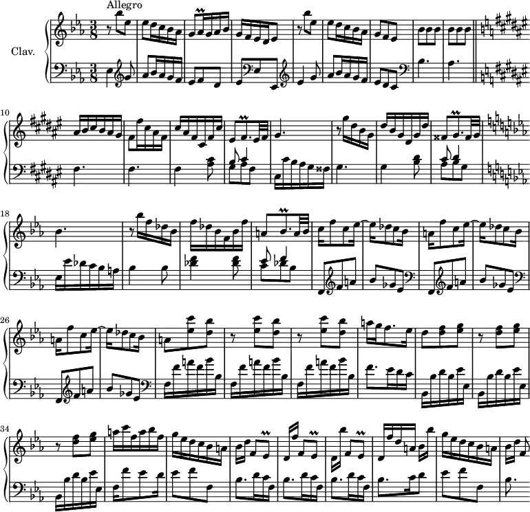 
\version "2.18.2"
\header {
  tagline = ##f
  % composer = "Domenico Scarlatti"
  % opus = "K. 371"
  % meter = "Allegro"
}
%% les petites notes
trillAesq      = { \tag #'print { aes16\prall } \tag #'midi { \times 2/3 { aes32 bes aes } } }
trillEesq      = { \tag #'print { ees8\prall } \tag #'midi { f32 ees f ees } }
trillBesqp     = { \tag #'print { bes8.\prall } \tag #'midi { c32 bes c bes~ bes16 } }
trillFisqp     = { \tag #'print { fis8.\prall } \tag #'midi { gis32 fis gis fis~ fis16 } }
trillGisqp     = { \tag #'print { gis8.\prall } \tag #'midi { ais32 gis ais gis~ gis16 } }
upper = \relative c'' {
  \clef treble 
  \key ees \major
  \time 3/8
  \tempo 4. = 60
  \set Staff.midiInstrument = #"harpsichord"
  \override TupletBracket.bracket-visibility = ##f
      s8*0^\markup{Allegro}
      r8 bes'8 ees, | ees d16 c bes aes | g8 \trillAesq g16 aes bes | g f ees d ees8 | r8 bes''8 ees, | ees d16 c bes aes |
      % ms. 7
      g8 f ees | \repeat unfold 2 { bes'8 bes bes }  \bar "||"  \key fis \major ais16 b cis b ais gis | fis8 fis'16 cis ais fis | cis' ais fis cis fis cis' | eis,8 \trillFisqp eis32 fis |
      % ms. 14
      gis4. | r8 gis'16 dis b gis | dis' b gis dis gis dis' | fisis,8 \trillGisqp fisis32 gis |    | \key ees \major 
      % ms. 18
      bes4. | r8 bes'16 f des bes |
      % ms. 20
      f'16 des bes f bes f' | a,8 \trillBesqp a32 bes | c16 f8 c ees16~ | ees16 des8 c bes16 | \repeat unfold 2 { a f'8 c ees16~ | ees des8 c bes16 } | 
      % ms. 28
      a8 < ees' c' > < d bes' > | \repeat unfold 2 { r8 < ees c' > < d bes' > } | a'16 g f8. ees16 | d8 < d f > < ees g > |
      % ms. 33
      \repeat unfold 2 { r8 < d f > < ees g > }  | a16 c f, a bes f | g ees d c bes a | bes16[ d] f,8 \trillEesq | d16[ f'] f,8 \trillEesq |  d16[ bes''] f,8 \trillEesq | 
      % ms. 40
      d16 f' d a bes[ bes'] | g ees d c bes a | bes[ d] f,8
}
lower = \relative c' {
  \clef bass
  \key ees \major
  \time 3/8
  \set Staff.midiInstrument = #"harpsichord"
  \override TupletBracket.bracket-visibility = ##f
    % ************************************** \appoggiatura a16  \repeat unfold 2 {  } \times 2/3 { }   \omit TupletNumber 
      ees,4   \clef treble  g'8 | aes bes16 aes g f | ees8 f d | ees   \clef bass ees, ees, | \clef treble  ees''4 g8 | aes bes16 aes g f |
      % ms. 7
      ees8 d c |  \clef bass bes4. aes | \key fis \major
      % ms. 10
      fis4. fis | fis4 < ais cis >8 | << { b8 cis4 } \\ { gis8 ais fis } >> |
      % ms. 14
      cis16 cis' b ais gis fisis | gis4. | gis4 < b dis >8 | << { cis8 dis4 } \\ { ais8 b gis } >> |   \key ees \major
      % ms. 18
      ees16 ees' des c bes a | bes4 bes8 |
      % ms. 20
      < des f >4 q8 | << { ees8 f4 } \\ { c8 des bes } >> | \repeat unfold 3 { f,8 \clef treble f'' a | bes ges ees | \clef bass }
      % ms. 28
      \repeat unfold 3 { f,16 f' a f bes bes, } | f'8. ees16 d c |    \clef bass \repeat unfold 3 { bes,16 bes' d bes ees ees, }
      % ms. 35
      f16 f'8 ees d16 | ees8 f f, | \repeat unfold 3 { bes8. d16 c f, } 
      % ms. 40
      bes8. c16 d8 | ees8 f f, | bes8.
}
thePianoStaff = \new PianoStaff <<
    \set PianoStaff.instrumentName = #"Clav."
    \new Staff = "upper" \upper
    \new Staff = "lower" \lower
  >>
\score {
  \keepWithTag #'print \thePianoStaff
  \layout {
      #(layout-set-staff-size 17)
    \context {
      \Score
     \override SpacingSpanner.common-shortest-duration = #(ly:make-moment 1/2)
      \remove "Metronome_mark_engraver"
    }
  }
}
\score {
  \keepWithTag #'midi \thePianoStaff
  \midi { }
}
