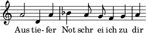 
\version "2.18.2"
\header {
  tagline = ##f
}
\score {
  \new Staff \with {
    \remove "Time_signature_engraver"
  }
<<
  \relative c'' {
    \key c \major
    \time 4/4
    %\set Score.currentBarNumber = #5
    \override TupletBracket #'bracket-visibility = ##f 
    \autoBeamOff
     %%% Luther, choral Aus tiefer Not schrei ich zu dir
     a2 d,4 a' | bes a8 g f4 g | a
  }
  \addlyrics {
     Aus tie- fer Not schr_ ei ich zu dir
  }
>>
  \layout {
    \context {
      \remove "Metronome_mark_engraver"
    }
  }
  \midi { \tempo 4 = 66 }
}
