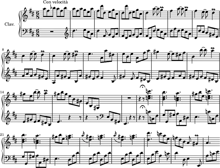 
\version "2.18.2"
\header {
  tagline = ##f
  % composer = "Domenico Scarlatti"
  % opus = "K. 278"
  % meter = "Con velocità"
}
%% les petites notes
trillG      = { \tag #'print { g4\prall } \tag #'midi { a32 g a g~ g8 } }
trillD      = { \tag #'print { d4\prall } \tag #'midi { e32 d e d~ d8 } }
trillDis    = { \tag #'print { dis4\prall } \tag #'midi { e32 dis e dis~ dis8 } }
trillA      = { \tag #'print { a4\prall } \tag #'midi { b32 a b a~ a8 } }
trillGis    = { \tag #'print { gis4\prall } \tag #'midi { a32 gis a gis~ gis8 } }
upper = \relative c'' {
  \clef treble 
  \key d \major
  \time 6/8
  \tempo 4. = 112
      s8*0^\markup{Con velocità}
      \repeat unfold 2 { a'8 fis bes } | a fis a g e a | fis d' d, e g cis, | d d' d, e g cis, | 
      % ms. 5
      d4 \repeat unfold 2 { a'8~ a \trillG | fis4 } \repeat unfold 2 { e8~ e \trillD |
      % ms. 9
       cis4 } e8~ e \trillDis | e4. a,8 a' dis, | e b e a, fis' a | gis4 e8~ e dis fis |
      % ms. 13
      b,4 b'8~ b \trillA | gis8 e b'~ b \trillA | gis8 b gis e b gis | e b gis s4. |
      % ms. 17
      R2. | r4^\markup { \translate #'(1.8 . 0.1) \musicglyph #"scripts.ufermata" } r8 
      % ms. 18
      \repeat unfold 2 { < c' e c' >4. | < b d b' > < a c a' > | gis'8 b e, } < f a >4. | 
      \repeat unfold 2 { \acciaccatura a8 < d, gis >4. < f a > }
      % ms. 25
      < d d' >4. c'8 a e | f d b a \trillGis | a4.
}
lower = \relative c' {
  \clef bass
  \key d \major
  \time 6/8
    % ************************************** \appoggiatura a16  \repeat unfold 2 {  } \times 2/3 { }   \omit TupletNumber 
      R2.   \clef treble | d'4. e8 cis a | d4 fis,8 g e a | fis d fis g e a |
      % ms. 5
      fis8 d d' e cis a | d fis d e cis a | d, d' cis b gis e | a cis a b gis e | 
      % ms. 9
      a, a' gis fis b, a' | gis e gis fis4 b,8 | gis'4 e8 fis dis b | e gis e fis a fis |
      % ms. 13
      gis8 e gis fis dis b | e gis e fis dis b | e4. r4 r8 | r4 r8  \clef bass e,8 b gis | 
      % ms. 17
      e4. r4 r8 | r4^\markup { \translate #'(1.8 . 0.1) \musicglyph #"scripts.ufermata" } r8 \repeat unfold 2 { c''8 c, fis |
      % ms. 21
       g g, gis' a a, dis | e4. } \repeat unfold 2 { d8 a' d | e, b' d } | d,8 a' d |
      % ms. 25
      e, b' e | a,4 c8 | d4 d,8 e4 e,8 | a'8 c e |
}
thePianoStaff = \new PianoStaff <<
    \set PianoStaff.instrumentName = #"Clav."
    \new Staff = "upper" \upper
    \new Staff = "lower" \lower
  >>
\score {
  \keepWithTag #'print \thePianoStaff
  \layout {
      #(layout-set-staff-size 17)
    \context {
      \Score
     \override TupletBracket.bracket-visibility = ##f
     \override SpacingSpanner.common-shortest-duration = #(ly:make-moment 1/2)
      \remove "Metronome_mark_engraver"
    }
  }
}
\score {
  \keepWithTag #'midi \thePianoStaff
  \midi { \set Staff.midiInstrument = #"harpsichord" }
}
