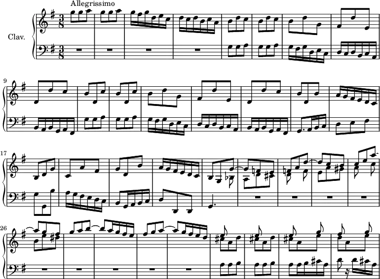 
\version "2.18.2"
\header {
  tagline = ##f
  % composer = "Domenico Scarlatti"
  % opus = "K. 79"
  % meter = "Allegrissimo"
}
%% les petites notes
%trillBesp     = { \tag #'print { bes4.\prall } \tag #'midi { c32 bes c bes~ bes4 } }
upper = \relative c'' {
  \clef treble 
  \key g \major
  \time 3/8
  \tempo 4. = 92
  \set Staff.midiInstrument = #"harpsichord"
  \override TupletBracket.bracket-visibility = ##f
      s8*0^\markup{Allegrissimo}
      \repeat unfold 2 { g'8 g a } | g16 fis g d e c | d c d b c a  | \repeat unfold 2 { b8 d c } | 
      % ms. 7
      b8 d g, | fis d' e, | d d' c | \repeat unfold 2 { b d, c' } | b8 d g, | fis d' e, |
      % ms. 14
      d d' c | b d, b' | a16 g fis e d c | b8 d g | c, a' fis | g d b' |
      % ms. 20
      a16 g fis e d c | 
      << { b8 g g'~ | g f e | f a d~ | d c b | c e a~ | a g fis | 
          % ms. 27 dessus
      g8 a b~ | b a16 g fis e | fis8 g a~ | a g16 fis e d } \\ 
      { s4 bes,8 | a d cis | d s8 f8 | e a gis | a8 s8 c8 | b e dis |
          % ms. 27 grave
       } >>
      % ms. 31
      << { e8 s4 | e8 s4 | e8 s8 g8 } \\ { \repeat unfold 2 { cis,8 a d } | cis8 a e' } >>
      % ms. 34
      << { fis8 s8 g8 } \\ { d8 a e' } >>
}
lower = \relative c' {
  \clef bass
  \key g \major
  \time 3/8
  \set Staff.midiInstrument = #"harpsichord"
  \override TupletBracket.bracket-visibility = ##f
    % ************************************** \appoggiatura a16  \repeat unfold 2 {  } \times 2/3 { }   \omit TupletNumber 
      R4.*4 | \repeat unfold 2 { \repeat unfold 2 { g8 g a } |
      % ms. 7
      g16 fis g d e c | d c d b c a | b a b g a fis } |
      % ms. 15
      g8. a16 b c | d8 e fis | g g, b' | a16 g fis e d c | b8 g16 a b c |
      % ms. 20
      d8 d, d | g4. | R4.*9
      % ms. 31
      \repeat unfold 2 { a'8 a b } | a a16 b cis a |
      % ms. 34
      d8 r16 d16 cis a | 
}
thePianoStaff = \new PianoStaff <<
    \set PianoStaff.instrumentName = #"Clav."
    \new Staff = "upper" \upper
    \new Staff = "lower" \lower
  >>
\score {
  \keepWithTag #'print \thePianoStaff
  \layout {
      #(layout-set-staff-size 17)
    \context {
      \Score
     \override SpacingSpanner.common-shortest-duration = #(ly:make-moment 1/2)
      \remove "Metronome_mark_engraver"
    }
  }
}
\score {
  \keepWithTag #'midi \thePianoStaff
  \midi { }
}
