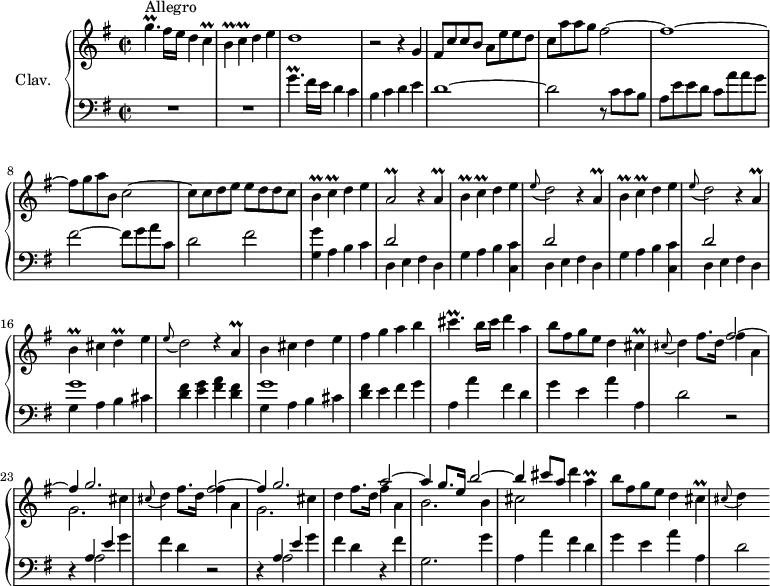 
\version "2.18.2"
\header {
  tagline = ##f
  % composer = "Domenico Scarlatti"
  % opus = "K. 493"
  % meter = "Allegro"
}
%% les petites notes
trillGpUp    = { \tag #'print { g'4.\prall } \tag #'midi { \times 2/3 { a16 g a } g4 } }
trillCp      = { \tag #'print { c4\prall } \tag #'midi { \times 2/3 { d16 c d } c8 } }
trillBp      = { \tag #'print { b4\prall } \tag #'midi { \times 2/3 { c16 b c } b8 } }
trillAbDown  = { \tag #'print { a,2\prall } \tag #'midi { \times 2/3 { b16 a b } a4. } }
trillA       = { \tag #'print { a4\prall } \tag #'midi { \times 2/3 { b16 a b } a8 } }
trillDp      = { \tag #'print { d4\prall } \tag #'midi { \times 2/3 { e16 d e } d8 } }
trillCisp    = { \tag #'print { cis4.\prall } \tag #'midi { \times 2/3 { d16 cis d } cis4 } }
trillCis     = { \tag #'print { cis4\prall } \tag #'midi { \times 2/3 { d16 cis d } cis8 } }
upper = \relative c'' {
  \clef treble 
  \key g \major
  \time 2/2
  \tempo 2 = 72
      s8*0^\markup{Allegro}
      \trillGpUp fis16 e d4 \trillCp | \trillBp \trillCp d4 e | d1 | r2 r4 g,4 | fis8 c' c b a e' e d |
      % ms. 6
      c8 a' a g fis2~ | fis1~ | fis8 g a b, c2~ | c8 c d e e d d c | \trillBp \trillCp d4 e | 
      % ms. 11
      \trillAbDown \repeat unfold 2 { r4 \trillA | \trillBp \trillCp d4 e | \appoggiatura e8 d2 } r4 \trillA |  \trillBp cis4 \trillDp e4 | 
      % ms. 17
      \appoggiatura e8 d2 d4\rest \trillA | b4 cis d e | fis g a b | \trillCisp b16 cis d4 a | b8 fis g e d4 \trillCis | \repeat unfold 2 { \appoggiatura cis8 d4 fis8. d16 
      % ms. 22 fin…
      << { fis2~ | fis4 g2. } 
       \\ { fis4 a, | g2. cis4  } >> } | d4 fis8. d16 
      << { a'2~ | a4 g8. e16 b'2~ | b4 cis8 a } 
       \\ { fis4 a, | b2. b4 | cis2 } >>
      % ms. 28 suite…
      d'4 \trillA  | b8 fis g e d4 \trillCis | \appoggiatura cis8 d4 s4
      % ms. 33
      % ms. 38
      % ms. 43
}
lower = \relative c' {
  \clef bass
  \key g \major
  \time 2/2
    % ************************************** \appoggiatura a16  \repeat unfold 2 {  } \times 2/3 { }   \omit TupletNumber 
      R1*2 | \trillGpUp fis16 e d4 c | b c d e | d1~ |
      % ms. 6
      d2 r8 c c b | a e' e d c a' a g | fis2~ fis8 g a c, | d2 fis | < g, g' >4 a b c | 
      % ms. 11
      << { d2 } \\ { d,4 e fis d } >> | \repeat unfold 2 {  g4 a b < c, c' > << { d'2 } \\ { d,4 e fis d } >> } | << { g'1 } \\ { g,4 a b cis } >> |
      % ms. 17
      < d fis >4 < e g > < fis a > < d fis > | << { g1 } \\ { g,4 a b cis } >> | < d fis >4 e fis g | a, a' fis d | g e a a, | d2 r2 |
      % ms. 23
      r4 << { a4 e' } \\ { a,2 } >> g'4 | fis d r2 | r4 << { a4 e' } \\ { a,2 } >> g'4 | fis d r4 fis4 | g,2. g'4 |
      % ms. 28
      a,4 a' fis d | g e a a, | d2 % r2 | r4 
      % ms. 33
      % ms. 38
      % ms. 43
}
thePianoStaff = \new PianoStaff <<
    \set PianoStaff.instrumentName = #"Clav."
    \new Staff = "upper" \upper
    \new Staff = "lower" \lower
  >>
\score {
  \keepWithTag #'print \thePianoStaff
  \layout {
      #(layout-set-staff-size 17)
    \context {
      \Score
     \override TupletBracket.bracket-visibility = ##f
     \override SpacingSpanner.common-shortest-duration = #(ly:make-moment 1/2)
      \remove "Metronome_mark_engraver"
    }
  }
}
\score {
  \keepWithTag #'midi \thePianoStaff
  \midi { \set Staff.midiInstrument = #"harpsichord" }
}
