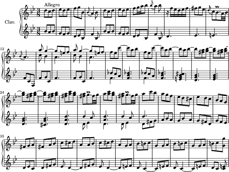 
\version "2.18.2"
\header {
  tagline = ##f
  % composer = "Domenico Scarlatti"
  % opus = "K. 228"
  % meter = "Allegro"
}
%% les petites notes
trillBesqp     = { \tag #'print { bes8.\prall } \tag #'midi { c32 bes c bes~ bes16 } }
trillGqp       = { \tag #'print { g8.\prall } \tag #'midi { a32 g a g~ g16 } }
upper = \relative c'' {
  \clef treble 
  \key bes \major
  \time 3/8
  \tempo 4. = 72
  \set Staff.midiInstrument = #"harpsichord"
  \override TupletBracket.bracket-visibility = ##f
      s8*0^\markup{Allegro}
      d8 c d | ees d ees | f g bes, | \appoggiatura bes8 a4 bes8 | d8 c d | ees d ees |
      % ms. 7
       f8 g16 a bes8 | \appoggiatura bes8 a4 bes8 | r16 f16 ees d ees f | fis8 g ees | \appoggiatura d16 c8 \trillBesqp a32 bes | \appoggiatura bes8 a4. |  
      % ms. 13
      \repeat unfold 2 { << { a'8 g4~ | g8 e f } \\ { c8 bes4 | a4. } >> } | f'8 ees c'~ | c a bes | f ees c'~ |
      % ms. 20
      c8 a bes~ | bes a bes~ | bes < fis a > < g bes >~ | \repeat unfold 3 { q < fis a > < g bes >~ } | < fis a > < a c > < g bes > |
      % ms. 27
      < fis a >8 \trillGqp fis32 g | a8 < a c > < g bes > | < fis a > \trillGqp fis32 g | a8 c bes | a g f | ees d cis | ees d c |
      % ms. 34
      bes8 a g | fis g a | fis a bes | c cis d | a a bes | c cis d | a g a |
      % ms. 41
      bes8 b c | g g a | bes b c | g g a | b c < g g' >
}
lower = \relative c' {
  \clef bass
  \key bes \major
  \time 3/8
  \set Staff.midiInstrument = #"harpsichord"
  \override TupletBracket.bracket-visibility = ##f
    % ************************************** \appoggiatura a16  \repeat unfold 2 {  } \times 2/3 { }   \omit TupletNumber 
        \clef treble  \repeat unfold 2 { bes'8 a bes | g f g |
      % ms. 7
      d8 ees bes | f'4 bes,8 } | d4. ees e | f8 c f, |
      % ms. 13
      \repeat unfold 2 { f'8 g c, | f4. } |  \repeat unfold 2 { << { des'8 c a } \\ { f4. } >> |
      % ms. 20
      < f bes des >4. } | < e g bes cis >4. < d g bes > < ees g bes > < d g bes > < cis g' bes > < d a' d >
      % ms. 27
      << { d'4 c8 | < a d >4. | d4 c8 | d4. } \\ { d,8 ees4 | d4. | d8 ees4 | d8 fis g } >> | a bes a | g bes a | g fis d |
      % ms. 34
      g8 f ees | d ees c | d fis g | ees d4~ | d8 fis g | ees d4~ | d8 e f |
      % ms. 41
      d8 c4~ | c8 e f | d c4~ | c8 e f | d[ c] < c e >
}
thePianoStaff = \new PianoStaff <<
    \set PianoStaff.instrumentName = #"Clav."
    \new Staff = "upper" \upper
    \new Staff = "lower" \lower
  >>
\score {
  \keepWithTag #'print \thePianoStaff
  \layout {
      #(layout-set-staff-size 17)
    \context {
      \Score
     \override SpacingSpanner.common-shortest-duration = #(ly:make-moment 1/2)
      \remove "Metronome_mark_engraver"
    }
  }
}
\score {
  \keepWithTag #'midi \thePianoStaff
  \midi { }
}
