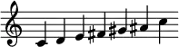 
\new staff \relative c'  {\time 9/4 \override Score.BarLine.stencil = ##f \override Score.TimeSignature.stencil = ##f c d e fis gis ais c}
 