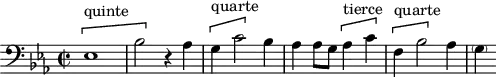 
\version "2.18.2"
\header {
  tagline = ##f
}
\score {
  \new Staff \with {
  }
<<
  \relative c {
    \clef bass
    \key ees \major
    \time 2/2
    \set Staff.midiInstrument = #"harpsichord" 
     %% SUJET fugue CBT II-7, BWV 876, mi bémol majeur
    \[ ees1^\markup{quinte} bes'2 \] r4 aes4 | \[ g^\markup{quarte} c2 \] bes4 aes aes8 g \[ aes4^\markup{tierce} c \] \[ f,^\markup{quarte} bes2 \] aes4 \parenthesize g
  }
>>
  \layout {
     \context { \Score \remove "Metronome_mark_engraver"
         }
  }
  \midi {} 
}
