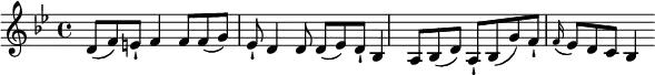 
\relative c' {
\key g \minor
d8 ( f8) e-! f4 f8
f8 ( g8) ees-!d4 d8
d8 ( ees8) d-! bes4 a8
bes8 ( d8) a-! bes8 ( g'8) f-!
\appoggiatura f16 ees8 d c bes4
}
