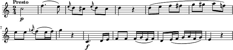 
\relative c'' {
   \version "2.18.2"
   \key c \major
   \time 2/4
   \tempo "Presto"
  c2\p f4. (e8)
  \grace e16 (d8) cis \grace e16 (d8) cis
  d4 r4
  d8 (e f fis g gis a f!)
  e e \grace g!16 (f8) (e16 f)
  g4 r4
  c,,4.\f d16 e
  f8 f f16 (g e f)
  d8 e16 (f g a f g)
  e4 r4
  }
