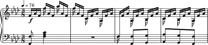 
\version "2.18.2"
\header {
  tagline = ##f
}
upper = \relative c' {
  \clef treble 
  \key f \minor
  \time 3/8
  \tempo 4 = 76
  %\autoBeamOff
  \override TupletBracket.bracket-visibility = ##f
   %%Cramer — Étude 25 (pdf p. )
    << { \omit TupletNumber \tuplet 3/2 { f16[ aes f]  f'[ aes, f] aes'[ aes, f] | f'[ aes, f] c[ f aes] aes,[ f' aes] \change Staff = "lower" f,16[ \change Staff = "upper" f' aes] aes,[ f' aes] bes,[ f' aes] c,[ f aes] bes,[ f' aes] aes,[ f' aes] } 
       } \\ 
       { s16\f s16 f'16 s16 aes16 s16 f16 s16 c,16 s16 aes s16 s16 s16 aes16 s16 bes s16 c s16 bes s16 aes s16
       } >>
}
lower = \relative c {
  \clef bass
  \key f \minor
  \time 3/8
   < f f, >8 < c' aes f >4
   R4.
   f,16 s16 < f f, >8 < g g, > < aes aes, > < g g, > < f f, >
}
  \header {
    piece = ""
  }
\score {
  \new PianoStaff <<
    \new Staff = "upper" \upper
    \new Staff = "lower" \lower
  >>
  \layout {
    \override TupletBracket.bracket-visibility = ##f
    \context {
      \Score
      %\remove "Metronome_mark_engraver"
    }
  }
  \midi { }
}
