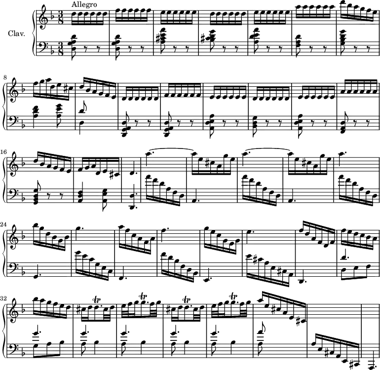 
\version "2.18.2"
\header {
  tagline = ##f
}
% thèmes
temaRep = { \repeat unfold 6 { d16 } \repeat unfold 6 { f } \repeat unfold 6 { e } \repeat unfold 6 { d } \repeat unfold 6 { e } \repeat unfold 6 { a }
  % ms. 7
  d16 bes a g f e | f g a d, e cis }
temaBass = { < d g a d >8 r8 r8 | q r8 r8 | < a' cis e a >8 r8 r8 | < bes cis d g >8 r8 r8 | < a d e a >8 r8 r8 |
   % ms. 6
   < f a d >8 r8 r8 | < g bes d g >8 r8 r8 | < a d f >4 < a e' g >8 }
temaBassG = { < d g a d >8 r8 r8 | q r8 r8 | < a' d e a >8 r8 r8 | < bes d g >8 r8 r8 | < a d e a >8 r8 r8 |
   % ms. 6
   < f a d >8 r8 r8 | < g bes d g >8 r8 r8 | < a d f >4 < a e' g >8 }
% petites notes
trillD = { \tag #'print { d8.\trill } \tag #'midi { e32 d e d~ d } }
trillG = { \tag #'print { g8.\trill } \tag #'midi { a32 g a g~ g } }
upper = \relative c'' {
  \clef treble 
  \key d \minor
  \time 3/8
  \tempo 4. = 80
  % \tempo 8 = 210
  \set Staff.midiInstrument = #"harpsichord"
  s8*0^"Allegro" \temaRep | d16 bes a g f e { \relative c' \temaRep } | d4. | \repeat unfold 2 { a''4.~ | a16 e cis a g' e } | 
  % ms. 23
  a4. | bes16 g d bes g bes | g'4. | a16 f c a f a | 
  % ms. 27
  f'4. | g16 e c g e g | e'4. | f16 d a f d f | f' e d c bes a | 
  % ms. 32
  bes'16 a g f e d | \repeat unfold 2 { cis16 d \trillD cis32 d | e f g16 \trillG f32 g } | 
  % ms. 37
  a16 e cis a e cis | \change Staff = "lower" a16 e cis a e cis | \tempo 8 = 130  a4.
}
lower = \relative c {
  \clef bass
  \key d \minor
  \time 3/8
  \set Staff.midiInstrument = #"harpsichord"
    % **************************************
    \temaBass | << { d8 } \\ { d,4 s8 } >>
    \relative c, \temaBassG < d, d' >4.
    % ms. 19
    \repeat unfold 2 { a'''16 f d a f d | a4. }
    a''16 f d a f d | g,4.
    g''16 e c g e c | f,4.
    f''16 d bes f d bes | e,4.
    e''16 cis a e cis a | d,4.
    << { d''4. | \repeat unfold 5 { g4. } a8 } \\ { d,,8 e f | g a bes | \repeat unfold 4 { a8 bes4 } a8 } >>
    s4
    s4. | s4.
}
thePianoStaff = \new PianoStaff <<
    \set PianoStaff.instrumentName = #"Clav."
    \new Staff = "upper" \upper
    \new Staff = "lower" \lower
  >>
\score {
  \keepWithTag #'print \thePianoStaff
  \layout {
      #(layout-set-staff-size 17)
    \context {
      \Score
     \override SpacingSpanner.common-shortest-duration = #(ly:make-moment 1/2)
      \remove "Metronome_mark_engraver"
    }
  }
}
\score {
  \keepWithTag #'midi \thePianoStaff
  \midi { }
}
