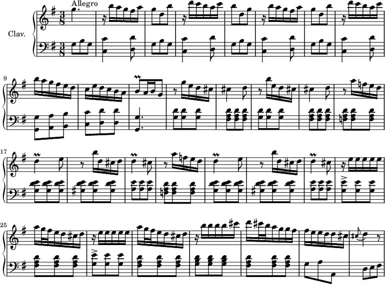 
\version "2.18.2"
\header {
  tagline = ##f
  % composer = "Domenico Scarlatti"
  % opus = "K. 152"
  % meter = "Allegro"
}
%% les petites notes
trillD     = { \tag #'print { d4\prall } \tag #'midi { e32 d e d~ d8 } }
trillBq    = { \tag #'print { b8\prall } \tag #'midi { b32 c b c } }
upper = \relative c'' {
  \clef treble 
  \key g \major
  \time 3/8
  \tempo 4. = 72
  \set Staff.midiInstrument = #"harpsichord"
  \override TupletBracket.bracket-visibility = ##f
      s8*0^\markup{Allegro}
      g'4. | r16 b16 a g fis a | g8 d b' | r16 d16 c b a c | b8 d, g |
      % ms. 6
      r16 b16 a g fis a | g8 d b' | r16 d16 c b a c | b a g fis e d | c e d c b a |
      % ms. 11
      \trillBq a16 b   \tempo 4. = 30 g8   \tempo 4. = 72 | r8 g'16 e d cis | cis4 d8 | r8 b'16 e, d cis | cis4 d8 | 
      % ms. 16
      \repeat unfold 2 { r8 a'16 f e d | \trillD e8 | r8 b'16 d, cis d | \trillD cis8 }
      % ms. 24
      \repeat unfold 2 { r16 e16 e e e e | a g32 fis e16 d cis d } |
      % ms. 28
      r16 b'16 b b b cis | d cis32 b a16 g g fis | fis e e d d cis |
      % ms. 31
      \appoggiatura cis8 d4 r8
}
lower = \relative c' {
  \clef bass
  \key g \major
  \time 3/8
  \set Staff.midiInstrument = #"harpsichord"
  \override TupletBracket.bracket-visibility = ##f
    % ************************************** \appoggiatura a16  \repeat unfold 2 {  } \times 2/3 { }   \omit TupletNumber 
      \repeat unfold 4 { g8 b g | < c, c' >4 < d d' >8 }
      % ms. 9
      < g, g' >8 < a a' > < b b' > | < c c' > < d d'> q |
      % ms. 11
      < g, g' >4. | \repeat unfold 2 { < g' d' >8 q q | < fis a d > q q } | 
      % ms. 16
      < f a d >8 q q | < g d' e > q q | < gis d' e > q q | < a e' > q q | < f a d > q q |
      % ms. 21
      < g d' e > q q | < gis d' e > q q | < a e' > q q |
      % ms. 24
      \repeat unfold 2 { < g e' >-> q q | < fis a d > q q } | 
      % ms. 28
      < g b d > q q | < fis a d > q q | g8 a a, |
      % ms. 31
      d8 e fis | 
}
thePianoStaff = \new PianoStaff <<
    \set PianoStaff.instrumentName = #"Clav."
    \new Staff = "upper" \upper
    \new Staff = "lower" \lower
  >>
\score {
  \keepWithTag #'print \thePianoStaff
  \layout {
      #(layout-set-staff-size 17)
    \context {
      \Score
     \override SpacingSpanner.common-shortest-duration = #(ly:make-moment 1/2)
      \remove "Metronome_mark_engraver"
    }
  }
}
\score {
  \keepWithTag #'midi \thePianoStaff
  \midi { }
}
