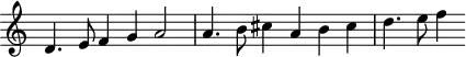 
\header {
  tagline = ##f
}
\score {
  \new Staff \with {
     \remove "Time_signature_engraver"
  }
<<
  \relative c' {
    \key c \major
    %\clef bass
    \time 3/2
    \override TupletBracket #'bracket-visibility = ##f 
     %%% f° 53v-54v
     d4. e8 f4 g a2 a4. b8 cis4 a b cis d4. e8 f4
  }
>>
  \layout {
     \context { \Score \remove "Metronome_mark_engraver" }
  }
  \midi {}
}
