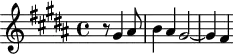 
\version "2.18.2"
\header {
  tagline = ##f
}
\score {
  \new Staff \with {
  }
<<
  \relative c'' {
    \clef treble 
    \key gis \minor
    \time 4/4
     %% CONTRE-SUJET 2, fugue CBT I-18, BWV 863, sol-dièse mineur
     \partial 2 r8 gis4 ais8 b4 ais gis2~ gis4 fis
  }
>>
  \layout {
     \context { \Score \remove "Metronome_mark_engraver" 
     \override SpacingSpanner.common-shortest-duration = #(ly:make-moment 1/2) 
}
  }
  \midi {} 
}
