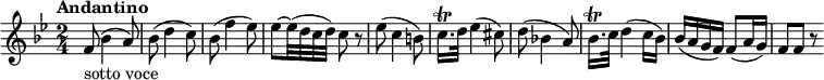 
\relative c'' {
  \version "2.18.2"
  \tempo "Andantino"
  \key bes \major
  \time 2/4
  \tempo 4 = 60
  f,8 _ \markup {sotto voce} (bes4 a8)
  bes (d4 c8)
  bes (f'4 ees8)
  ees ~ ees32 (d c d) c8 r
  ees8 (c4 b8)
  c16. \trill d32 ees4 (cis8)
  d8 (bes!4 a8)
  bes16. \trill c32 d4 (c16 bes)
  bes (a g f) f8 (a16 g)
  f8 f r
}
