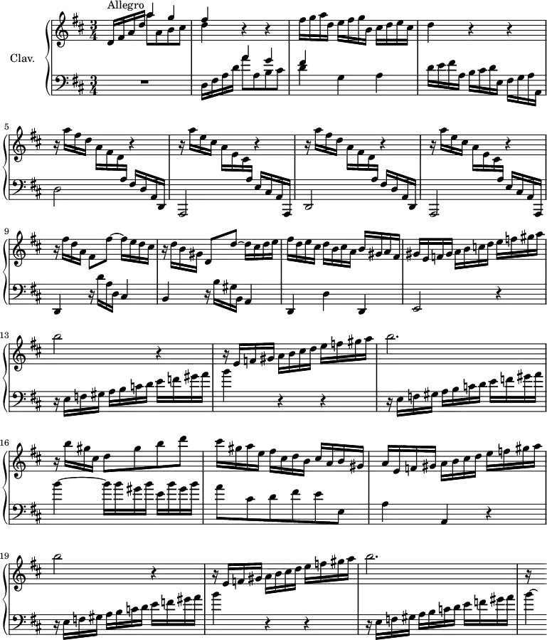 
\version "2.18.2"
\header {
  tagline = ##f
  % composer = "Domenico Scarlatti"
  % opus = "K. 535"
  % meter = "Allegro"
}
%% les petites notes
%trillBesp     = { \tag #'print { bes4.\prall } \tag #'midi { c32 bes c bes~ bes4 } }
upper = \relative c'' {
  \clef treble 
  \key d \major
  \time 3/4
  \tempo 4 = 96
  \set Staff.midiInstrument = #"harpsichord"
  \override TupletBracket.bracket-visibility = ##f
      s8*0^\markup{Allegro}
      d,16 fis a d << { a'4 g | fis } \\ { a8 a, b cis | d4 } >> r4 r4 | fis16 g a d, e fis g b, cis d e cis |
      % ms. 4
      d4 r4 r4 | \repeat unfold 2 { r16 a'16 fis d a fis d \change Staff = "lower" a \change Staff = "upper"  r4 | r16 a''16 e cis a e cis \change Staff = "lower" a \change Staff = "upper" r4  } | 
      % ms. 9
      r16 fis''16 d a fis8 fis'~ fis16 e d cis | r16 d16 b gis d8 d'~ d16 cis d e |
      % ms. 11
      fis16 d e cis d b cis a b gis a fis | gis e f gis a b c d e f gis a | b2 r4 |
      % ms. 14
      r16 e,,16 f gis a b cis d e f gis a | b2. | r16 b16 gis cis, d8 gis b d |
      % ms. 17
      cis16 gis a e fis cis d b cis a b gis | a e f gis a b cis d e f gis a | b2 r4 |
      % ms. 20
      r16 e,,16 f gis a b cis d e f gis a | b2. | r16 s16
}
lower = \relative c' {
  \clef bass
  \key d \major
  \time 3/4
  \set Staff.midiInstrument = #"harpsichord"
  \override TupletBracket.bracket-visibility = ##f
    % ************************************** \appoggiatura a16  \repeat unfold 2 {  } \times 2/3 { }   \omit TupletNumber 
      R2. | d,16 fis a d << { a'4 g | fis  } \\ { a8 a, b cis | d4 } >> g,4 a | 
      % ms. 4
      d16 e fis a, b cis d e, fis g a a, | d2 fis16 d a d, | a2 e''16 cis a a, | d2 fis'16 d a d, |
      % ms. 8
      a2 e''16 cis a a, | d4 r16 d''16 a d, cis4 | b r16 b'16 gis b, a4 |
      % ms. 11
      d,4 d' d, | e2 r4 | r16 e'16 f gis a b c d e f gis a |
      % ms. 14
       b4 r4 r4 | r16 e,,16 f gis a b c d e f gis a | b4~ b16 b gis b e, b' gis b |
      % ms. 17
       a8 cis, d fis e  e, | a4 a, r4 | r16 e'16 f gis a b c d e f gis a |
      % ms. 20
       b4 r4 r4 | r16 e,,16 f gis a b c d e f gis a | b4*1/8~  \hideNotes b16 % b gis b e, b' gis b |
}
thePianoStaff = \new PianoStaff <<
    \set PianoStaff.instrumentName = #"Clav."
    \new Staff = "upper" \upper
    \new Staff = "lower" \lower
  >>
\score {
  \keepWithTag #'print \thePianoStaff
  \layout {
      #(layout-set-staff-size 17)
    \context {
      \Score
     \override SpacingSpanner.common-shortest-duration = #(ly:make-moment 1/2)
      \remove "Metronome_mark_engraver"
    }
  }
}
\score {
  \keepWithTag #'midi \thePianoStaff
  \midi { }
}
