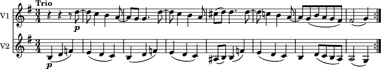 
<<
\new Staff \with { instrumentName = #"V1 "} \relative c'' {
    \version "2.18.2"
    \key g \major 
    \tempo "Trio"
    \tempo 4 = 100
    \time 3/4
  r4 r r8 d8 \p ~ d c4 b a8 ~ a g
  g4. d'8 ~ d c4 b a8
  cis (d) d4. d8 ~ d
  c!4 b a8 ~ a
  g (b a g fis)
  fis2 (g4)  \bar ":|."
}
\new Staff \with { instrumentName = #"V2 "}
 \relative c'' {
    \key g \major 
    \clef "treble"
    \time 3/4
   b,4  \p (d f)
   e (d c)
   b (d f)
   e (d c)
   ais8 (b) b4 (f')
   e (d c)
   b d8 (c b a)
   a2 (g4)  \bar ":|."
}
>>
