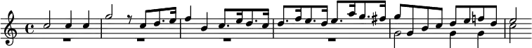 
\version "2.18.2"
\header {
  tagline = ##f
}
\score {
  \new Staff \with {
  }
<<
  \relative c' {
    \key c \major
    \time 4/4
    \override TupletBracket #'bracket-visibility = ##f 
    \autoBeamOff
    \set Staff.midiInstrument = #"trumpet"
     %%%%%%%%% Cavalli, 1656
           <<
                 \new Voice
                 \relative c''
                 {       \voiceOne 
                          c2 c4 c g'2 r8 c,8[ d8. e16] | f4 b, c8.[ e16 d8. c16] | d8.[ f16 e8. d16] e8.[ a16 g8. fis16] | g8 g, b c d e f! d e2
                 }
                 \new Voice
                 \relative c''
                 {      \voiceTwo          
                        R1*4 g2 g4 g c2
                 }
         >>
  }
>>
  \layout { indent = #0
    \context {
      \remove "Metronome_mark_engraver"
      \override SpacingSpanner.common-shortest-duration = #(ly:make-moment 1/2)
    }
  }
  \midi {     \tempo 4 = 140 }
}
