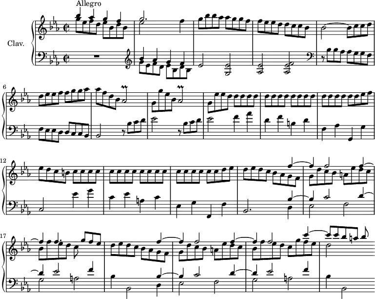 
\version "2.18.2"
\header {
  tagline = ##f
  % composer = "Domenico Scarlatti"
  % opus = "K. 370"
  % meter = "Allegro"
}
%% les petites notes
trillAesb      = { \tag #'print { aes2\prall } \tag #'midi { bes32 aes bes aes~ aes8~ aes4 } }
upper = \relative c'' {
  \clef treble 
  \key ees \major
  \time 2/2
  \tempo 2 = 80
  \set Staff.midiInstrument = #"harpsichord"
  \override TupletBracket.bracket-visibility = ##f
      s8*0^\markup{Allegro}
      << { bes'4 aes g f | g2. } \\ { g8 ees f d  ees bes d bes | ees2 } >> f4 | g8 bes bes aes aes g g f |
      % ms. 4
      f8 ees ees d d c c bes | bes2~ bes8 c c d | d ees ees f f g g  aes | aes f d bes \trillAesb |
      % ms. 8
      g8 g' ees bes \trillAesb | g8 ees' ees \repeat unfold 19 { d8 } ees f |
      % ms. 12
      ees8 d c b \repeat unfold 18 { c8 } d ees | d ees d c << { s4 f4~ | f4 f2 f4~ | f f4. g8 f ees } \\ { bes8 aes g f | g d' c bes a ees' d c | bes f' ees d c } >>
      % ms. 18
      d8 ees d c << { s4 f4~ | f4 f2 f4~ | f f2 c'4~ | c8 c bes a bes } \\ { bes,8 aes g f | g d' c bes a ees' d c | bes f' ees d c g' f ees | d2 } >>
      % ms. 20
}
lower = \relative c' {
  \clef bass
  \key ees \major
  \time 2/2
  \set Staff.midiInstrument = #"harpsichord"
  \override TupletBracket.bracket-visibility = ##f
    % ************************************** \appoggiatura a16  \repeat unfold 2 {  } \times 2/3 { }   \omit TupletNumber 
      R1 |   \clef treble  << { bes'4 aes g f } \\ { g8 ees f d ees bes d bes } >> ees2 < g, ees' >2 |
      % ms. 4
      < aes ees' >2 < aes ees' f >   \clef bass r8 bes8 bes aes aes g g  f | f ees ees d d c c bes | bes2 \repeat unfold 2 { r8 bes'8 c d |
      % ms. 9
      ees2 } f4 aes | d, f b, d | f, aes g, g' |
      % ms. 12
      c,2 ees'4 g | c, ees a, c | ees, g f, f' | bes,2. 
      % ms. 15 fin
      \repeat unfold 2 { << { bes'4~ | bes c2 d4~ | d ees2 f4 } \\ { d,4 | ees2 f | g a | bes4 bes,2 } >> }
      % ms. 20
}
thePianoStaff = \new PianoStaff <<
    \set PianoStaff.instrumentName = #"Clav."
    \new Staff = "upper" \upper
    \new Staff = "lower" \lower
  >>
\score {
  \keepWithTag #'print \thePianoStaff
  \layout {
      #(layout-set-staff-size 17)
    \context {
      \Score
     \override SpacingSpanner.common-shortest-duration = #(ly:make-moment 1/2)
      \remove "Metronome_mark_engraver"
    }
  }
}
\score {
  \keepWithTag #'midi \thePianoStaff
  \midi { }
}
