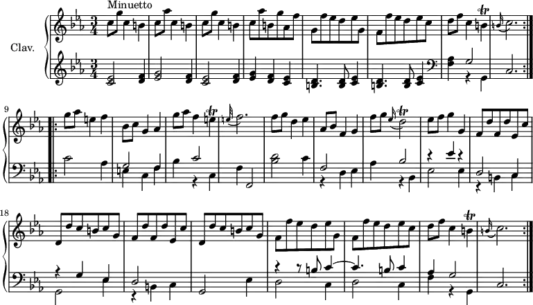 
\version "2.18.2"
\header {
  tagline = ##f
  % composer = "Domenico Scarlatti"
  % opus = "K. 40"
  % meter = "Minuetto"
}
%% les petites notes
trillE     = { \tag #'print { e4\trill } \tag #'midi { f32 e f e~ e8 } }
trillB     = { \tag #'print { b4\trill } \tag #'midi { c32 b c b~ b8 } }
trillDb    = { \tag #'print { d2\trill } \tag #'midi { ees32 d ees d~ d8~ d4 } }
AppoFbp    = { \tag #'print { \appoggiatura e32 f2. } \tag #'midi { e4 f2 } }
AppoCbp    = { \tag #'print { \appoggiatura b16 c2. } \tag #'midi { b2 c4 } }
upper = \relative c'' {
  \clef treble 
  \key c \minor
  \time 3/4
  \tempo 4 = 84
  \set Staff.midiInstrument = #"harpsichord"
  \override TupletBracket.bracket-visibility = ##f
  \repeat volta 2 {
      s8*0^\markup{Minuetto}
      c8 g' c,4 b | c8 aes' c,4 b  | c8 g' c,4 b  | c8 aes' b, g' aes, f' | g, f' ees d ees g, |
      % ms. 6
      f8 f' ees d ees c | d f c4 \trillB \AppoCbp }%reprise
      % ms. 9
        \repeat volta 2 { g'8 aes e4 f | bes,8 c g4 aes | g'8 aes f4 \trillE | \AppoFbp |
      % ms. 13
      f8 g d4 ees | aes,8 bes f4 g | f'8 g \appoggiatura ees16 \trillDb | ees8 f g4 g, | \repeat unfold 2 { f8 d' f, d' ees, c' | d, d' c b c g } |
      % ms. 20
      f8 f' ees d ees g, | f f' ees d ees c  | d f c4 \trillB \AppoCbp }%reprise
}
lower = \relative c' {
  \clef bass
  \key c \minor
  \time 3/4
  \set Staff.midiInstrument = #"harpsichord"
  \override TupletBracket.bracket-visibility = ##f
  \repeat volta 2 {
    % ************************************** \appoggiatura a8  \repeat unfold 2 {  } \times 2/3 { }   \omit TupletNumber 
        \clef treble < c ees >2 < d f >4 | < ees g >2 < d f >4 | < c ees >2 < d f >4 | < ees g >4 < d f > < c ees > | \repeat unfold 2 { < b d >4. q8 < c ees >4 } |   \clef bass 
      % ms. 7
      < f, aes > << { g2 } \\ { r4 g, } >> | c2. } %reprise
      % ms. 9
        \repeat volta 2 { c'2 aes4 | << { g2 f4 | s4 c'2 } \\ { e,4 c f | bes r4 c,4 } >> f4 f,2 |
      % ms. 13
      < bes' d >2 c4 | << { f,2 s4 | s4 bes2 | r4 ees4 r4 | d,2 c4 | r4 g'4 ees } \\ { r4 d4 ees | aes r4 bes, | ees2 ees4 r4 b4 c | g2 ees'4 } >>
      % ms. 19
      << { d2 } \\ { r4 b4 c } >> g2 ees'4 | << { r4 r8 b'8 c4~ | c4. b8 c4 | aes4 g2 } \\ { d2 c4 | d2 c4 | f r4 g, } >> c2. }%reprise
}
thePianoStaff = \new PianoStaff <<
    \set PianoStaff.instrumentName = #"Clav."
    \new Staff = "upper" \upper
    \new Staff = "lower" \lower
  >>
\score {
  \keepWithTag #'print \thePianoStaff
  \layout {
      #(layout-set-staff-size 17)
    \context {
      \Score
     \override SpacingSpanner.common-shortest-duration = #(ly:make-moment 1/2)
      \remove "Metronome_mark_engraver"
    }
  }
}
\score {
  \unfoldRepeats
  \keepWithTag #'midi \thePianoStaff
  \midi { }
}
