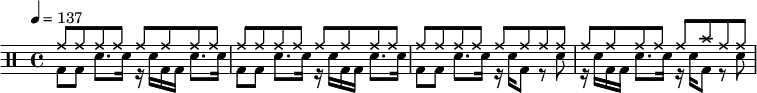 
#(define drumStyle '(
    (bassdrum default #f -3)
    (snare default #f 1)
    (ridecymbal cross #f 4)
    (crashcymbal cross #f 6)))
\new DrumStaff \with {
drumStyleTable = #(alist->hash-table drumStyle)
} {
  \time 4/4 \tempo 4 = 137
  \drummode { 
  <<
     { \repeat unfold 29 { cymr8 } cymc cymr8 8 }
     \\
     { \repeat unfold 2 { bd8 8 sn8. 16 r sn bd bd sn8. 16 }
       bd8 8 sn8. 16 r sn bd8 r sn r16 sn bd bd sn8. 16 r sn bd8 r sn }
  >>
 }
}
\layout { #(layout-set-staff-size 14) }
\midi {}
