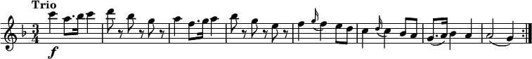 
\relative c'' {
  \version "2.18.2"
  \key f \major
  \tempo "Trio"
  \time 3/4
  \tempo 4 = 150
  c'4\f a8. bes16 c4
  d8 r8 bes r8 g r8
 a4 f8. g16 a4
  bes8 r8 g r8 e r8
  f4  \grace g16 (f4) e8 d
 c4  \grace d16 (c4) bes8 a
  g8. [(a16)] bes4 a
  a2 (g4)   
  \bar ":|."
}
