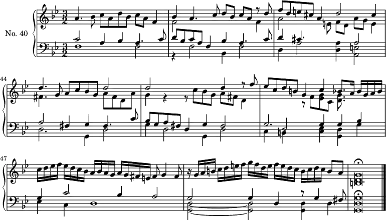 
\version "2.14.2"
\header {
  tagline = ##f
}
upper = \relative c'' {
  \clef treble 
  \key g \minor
  \time 3/2
  \tempo 2 = 72
  \autoBeamOff
  \set Score.currentBarNumber = #41
    a4. bes8 c[a d bes] c[a] f4
    << { bes4 a4. c8 d[bes] c[a] r8 d8 } \\ { f,2 s2 s4 f4 } >> 
    << { f'8[d e cis] a4 d2 cis4 } \\ { a2 s8 e8 f[d] a'[g] e4 } >>
    << { d'4. g,8 a c bes g d'2 } \\ { fis,4. s8 s2 a8 fis d a' } >> 
    << { d2 s2 d4 r8 f8 } \\ { g,4 r4 r8 c8 bes g a fis d4 } >> 
    << { ees'8 c d b g4 c bes8. a16 bes[g a bes] } \\ { s2 r8 f << g ees >> c << g'8. d8. >> } >>
    c'16[d ees f] ees[d c bes] a[bes a g] a[g fis e] fis8 g4 fis8 
    r16 g16[a b] c[d e f] g[f d e] f[e d c] b[c d c]   \tempo 2 = 62 b8[   \tempo 2 = 52 a]
    << g\breve d\breve b\breve \fermata >>
}
lower = \relative c {
  \clef bass
  \key g \minor
  \time 3/2
    << { c'2 a4 bes a4. c8 } \\ { f,1 f2 } >> 
    << { d'8 bes c a f4 bes4 a4. c8 } \\ { r4 f,2 bes,4 f'2 } >> 
    << { d'4 cis4. s8 s4 a2 } \\ { d,4 a'2 << a4 d,4 >> << e2 a,2 >> } >>
    << { a'2 fis4 g fis4. c'8 } \\ { d,2. g,4 d'2 } >> 
    << { bes'8 g a fis d4 g fis2 } \\ { g4 d2 g,4 d'2 } >> 
    << { g2. g4 g bes } \\ { c,4 b s4 << ees c >> << d g, >> g' } \\ { s4 d2 } >>
    << { g4 c2 bes4 a2 } \\ { ees4 c d1 } >> 
    << { g2 g4 d r8 g4 fis8 } \\ { << d2~ g,2~ >> << d'2 g,2 >> << g4 d'4 >> d } >> 
    \cadenzaOn
    << g\breve d\breve g,\breve \fermata >>
    \bar "|."
}
\score {
  \new PianoStaff <<
    \set PianoStaff.instrumentName = #"No. 40"
    \new Staff = "upper" \upper
    \new Staff = "lower" \lower
  >>
  \layout {
    \context {
      \Score
      \remove "Metronome_mark_engraver"
    }
  }
  \midi { \set Staff.midiInstrument = #"harpsichord" }
}
