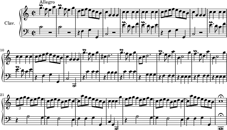 
\version "2.18.2"
\header {
  tagline = ##f
  % composer = "Domenico Scarlatti"
  % opus = "K. 329"
  % meter = "Allegro"
}
%% les petites notes
trillGp     = { \tag #'print { g4.\prall } \tag #'midi { a32 g a g~ g4 } }
trillGpUp   = { \tag #'print { g'4.\prall } \tag #'midi { a32 g a g~ g4 } }
trillEp     = { \tag #'print { e4.\prall } \tag #'midi { f32 e f e~ e4 } }
trillEpUp   = { \tag #'print { e'4.\prall } \tag #'midi { f32 e f e~ e4 } }
trillFp     = { \tag #'print { f4.\prall } \tag #'midi { g32 f g f~ f4 } }
upper = \relative c'' {
  \clef treble 
  \key c \major
  \time 2/2
  \tempo 2 = 92
  \set Staff.midiInstrument = #"harpsichord"
  \override TupletBracket.bracket-visibility = ##f
      s8*0^\markup{Allegro}
      \trillGpUp f8 e4 a | \trillGp f8 e4 g | d4 e8 f e d c b | \repeat unfold 2 { c4 g g g | \repeat unfold 8 { c } |
      % ms. 7
      c8 d e f e d c b } | c4 g g g | \trillGpUp f8 e4 g | cis,4 d2. | \trillGp f8 e4 g |
      % ms. 16
      b,8 c d2. | \repeat unfold 2 { \trillFp e8 d4 a' | b, c2 g'4 } |
      % ms. 21
      \times 2/3 { e8 f g } f4  \omit TupletNumber \times 2/3 { d8 e f } e4 | \times 2/3 { c8 d e } d4 \times 2/3 { b8 c d } c4~ | c8 a' g f e d c b | c4 c \tempo 2 = 80 c \tempo 2 = 92 g'
      % ms. 25
      \times 2/3 { e8 f g } f4  \omit TupletNumber \times 2/3 { d8 e f } e4 | \times 2/3 { c8 d e } d4 \times 2/3 { b8 c d } c4~ | c8 a' g f e d c \tempo 2 = 80 b | c1\fermata
}
lower = \relative c' {
  \clef bass
  \key c \major
  \time 2/2
  \set Staff.midiInstrument = #"harpsichord"
  \override TupletBracket.bracket-visibility = ##f
    % ************************************** \appoggiatura a16  \repeat unfold 2 {  } \times 2/3 { }   \omit TupletNumber 
      c2 r2 | c2 r2 | \repeat unfold 2 { r4 f,4 g g, | c2 r2 | \trillEpUp d8 c4 f |
      % ms. 3
      \trillEp d8 c4 e } |
      % ms. 11
      r4 f,4 g g, | c2 c, | r4 \repeat unfold 3 { c''4 } | r4 \repeat unfold 3 { b4 } | r4 \repeat unfold 3 { c4 } | 
      % ms. 16
      r4 \repeat unfold 3 { g4 } | \repeat unfold 2 {  r4 \repeat unfold 3 { f4 } | r4 \repeat unfold 3 { e4 }  } | 
      % ms. 21
      r4 a2 g4~ | g f2 e4 | f f g g, | c g c,2 |
      % ms. 25
      r4 a''2 g4~ | g f2 e4 | f f g g, | c,1\fermata
}
thePianoStaff = \new PianoStaff <<
    \set PianoStaff.instrumentName = #"Clav."
    \new Staff = "upper" \upper
    \new Staff = "lower" \lower
  >>
\score {
  \keepWithTag #'print \thePianoStaff
  \layout {
      #(layout-set-staff-size 17)
    \context {
      \Score
     \override SpacingSpanner.common-shortest-duration = #(ly:make-moment 1/2)
      \remove "Metronome_mark_engraver"
    }
  }
}
\score {
  \keepWithTag #'midi \thePianoStaff
  \midi { }
}
