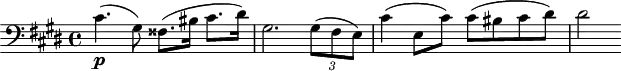 
\header {
  tagline = ##f
}
\score {
  \new Staff \with {
  }
<<
  \relative c' {
    \key cis \minor
    \time 4/4
    \tempo 4 = 50
    \override TupletBracket #'bracket-visibility = ##f
    %\autoBeamOff
    \set Staff.midiInstrument = #"string ensemble 1"
     %%% AB 7-2 th1 (ms. 1)
     \clef bass cis4.\p( gis8) fisis8.( bis16 cis8. dis16) gis,2. \times 2/3 { gis8( fis e) } cis'4( e,8 cis') cis( bis cis dis) dis2
  }
>>
  \layout {
    \context { \Score \remove "Metronome_mark_engraver"
    }
  }
  \midi {}
}
