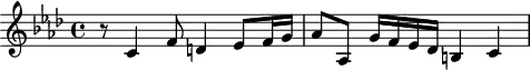 
\header {
  tagline = ##f
}
\score {
  \new Staff \with {
  }
<<
  \relative c' {
    \clef treble
    \key aes \major
    \time 4/4
    \tempo 4 = 70
    \override TupletBracket #'bracket-visibility = ##f 
    %\autoBeamOff
    \set Staff.midiInstrument = #"string ensemble 1"
     %%%%%%%%%%%%%%%%%%%%%%%%%% AB 9-3 th2
     r8 c4 f8 d!4  ees8 f16 g aes8 aes, g'16 f ees des b!4 c
  }
>>
  \layout {
    \context { \Score \remove "Metronome_mark_engraver"
    }
  }
  \midi {}
}
