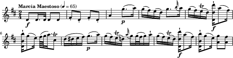 
\relative c'' { 
  \version "2.18.2"
  \key d \major
  \tempo "Marcia Maestoso" 4 = 65
   \time 2/4
  d,8 \f d16. d32 d8 d
  fis-. d-. fis-. d-.
  a'4 g'8. \p (a16)
  g (fis) e (d) g8. \grace b32 (a16)
  g16 (fis) e\trill (d) <d,-! d' d'>16\f a''8 (fis16)
 < d,-! b' b'>16 g'8 (e16) fis64 (g a16.) cis,8\trill
 d16 (dis e fis) g8. \p (a16)
 g16 (fis) e\trill (d!) \grace a'32 (g16) g32 (fis g16) a-!
  g16 (fis) e\trill (d) <d,-! d' d'>16\f a''8 (fis16)
 < d,-! b' b'>16 g'8 (e16) <a, g'>8 <a fis'>
}
