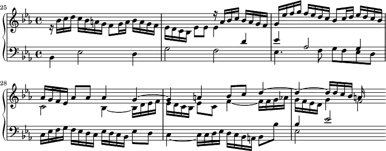 
\version "2.18.2"
\header {
  tagline = ##f
}
upper = \relative c'' {
    \clef treble 
    \key ees \major
    \time 4/4
    \tempo 4 = 60
    \set Score.currentBarNumber = #25
    \set Staff.midiInstrument = #"harpsichord"
    %\context Score \applyContext #(set-bar-number-visibility 4)
    \bar ""
   %% PRÉLUDE CBT I-7, BWV 852, mi-bémol majeur
   << { s1 s2 r16 aes16 bes c bes aes g f g ees' f g f ees d c bes8 c16 d ees d c bes | aes  g f ees aes8 aes aes4 g~ g a bes8 c d4~ d~ d16 d c bes a } \\ { r16 bes16 c d c bes a g f8 g16 a bes a g f | ees d c bes ees8 ees ees4 s4 s1 c2 bes4~ bes16 d ees f ees d c bes ees8 c f4~ f16 f g aes g f ees d g4 f2*1/4 } >>
}
lower = \relative c' {
    \clef bass 
    \key ees \major
    \time 4/4
    \set Staff.midiInstrument = #"harpsichord" 
       << { s1 s2. d4 ees aes,2 g4 s2 s2 s1 bes4 ees2 } \\ { bes,4 ees2 d4 g2 f ees4. f8 g f ees d c16 ees f g f ees d c ees d c bes ees8 d c4~ c16 c d ees d c bes a bes8 bes' ees,2 } >>
} 
\score {
  \new PianoStaff <<
    \set PianoStaff.instrumentName = #""
    \new Staff = "upper" \upper
    \new Staff = "lower" \lower
  >>
  \layout {
    indent = #0
    % short-indent = #-10
    \context {
      \Score
      \remove "Metronome_mark_engraver"
    }
  }
  \midi { }
}
