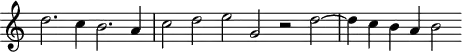 
\header {
  tagline = ##f
}
\score {
  \new Staff \with {
     \remove "Time_signature_engraver"
  }
<<
  \relative c'' {
    \key c \major
    %\clef bass
    \time 4/2
    \override TupletBracket #'bracket-visibility = ##f 
     %%% f° 20v-21v
     d2. c4 b2. a4 \time 6/2 c2 d e g, r2 d'2~ \time 4/2 d4 c b a b2
  }
>>
  \layout {
     \context { \Score \remove "Metronome_mark_engraver" }
  }
  \midi {}
}
