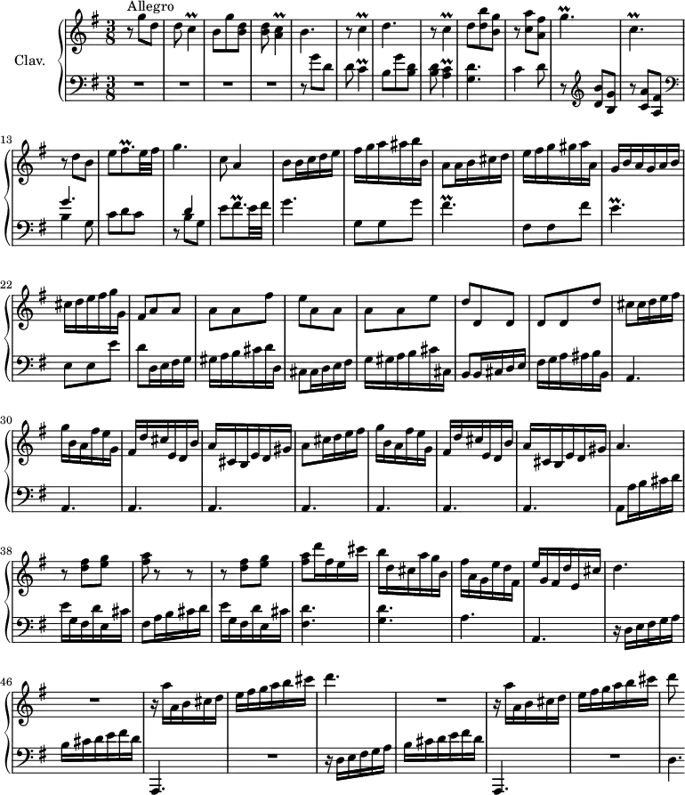 
\version "2.18.2"
\header {
  tagline = ##f
  % composer = "Domenico Scarlatti"
  % opus = "K. 449"
  % meter = "Allegro"
}
%% les petites notes
trillC         = { \tag #'print { c4\prall } \tag #'midi { d32 c d c~ c8 } }
trillAC        = { \tag #'print { < a c >4\prall } \tag #'midi { << { d32 c d c~ c8 } \\ { a4 } >> } }
trillGpUp      = { \tag #'print { g'4.\prall } \tag #'midi { a32 g a g~ g4 } }
trillCpDown    = { \tag #'print { c,4.\prall } \tag #'midi { d32 c d c~ c4 } }
trillFisqp     = { \tag #'print { fis8.\prall } \tag #'midi { g32 fis g fis~ fis16 } }
trillFisp      = { \tag #'print { fis4.\prall } \tag #'midi { g32 fis g fis~ fis4 } }
trillEp        = { \tag #'print { e4.\prall } \tag #'midi { fis32 e fis e~ e4 } }
upper = \relative c'' {
  \clef treble 
  \key g \major
  \time 3/8
  \tempo 4. = 78
  \set Staff.midiInstrument = #"harpsichord"
  \override TupletBracket.bracket-visibility = ##f
      s8*0^\markup{Allegro}
      r8 g'8 d | d \trillC | b8 g' < b, d > | q \trillAC | b4. | r8 \trillC |
      % ms. 7
      d4. | r8 \trillC | d8 < d b' > < b g' > | r8 < c a' > < a fis' > | \trillGpUp | \trillCpDown | r8 d8 b |
      % ms. 14
      e8 \trillFisqp e32 fis | g4. | c,8 a4 | b8 b16 c d e | fis g a ais b b, | a8 a16 b cis d | 
      % ms. 20
      e16 fis g gis a a, | g b a g a b | cis d e fis g g, | fis8 a a | a a fis' | e a, a  | 
      % ms. 26
      a8 a e' | d d, d | d d d' | cis8 cis16 d e fis | g b, a fis' e g, | fis d' cis e, d b' |
      % ms. 32
      a16 cis, b e d gis | a8 cis16 d e fis | g b, a fis' e g, | fis d' cis e, d b' | a cis, b e d gis | a4. |
      % ms. 38
      r8 < d fis >8 < e g > | < fis a > r8 r8 | r8 < d fis > < e g > | < fis a > d'16 fis, e cis' b | d, cis a' g b, | fis' a, g e' d fis, |
      % ms. 44
      e'16 g, fis d' e, cis' | d4. | R4. | r16 a'16 a, b cis d e fis g a b cis | d4. |
      % ms. 50
      R4. | r16 a16 a, b cis d e fis g a b cis | d8
}
lower = \relative c' {
  \clef bass
  \key g \major
  \time 3/8
  \set Staff.midiInstrument = #"harpsichord"
  \override TupletBracket.bracket-visibility = ##f
    % ************************************** \appoggiatura a16  \repeat unfold 2 {  } \times 2/3 { }   \omit TupletNumber 
      R4.*4 | r8 g'8 d | d \trillC |
      % ms. 7
      b8 g' < b, d > | q \trillAC | < g d' >4. | c4 d8 | r8   \clef treble < d b' >8 < b g' > | r8 < c a' >8 < a fis'> |   \clef bass << { g'4. } \\ { b,4 g8 } >>
      % ms. 14
      c8 d c | r8 << { d4 } \\ { b8 g } >> e'8 \trillFisqp e32 fis | g4. | g,8 g g' | \trillFisp | 
      % ms. 20
      fis,8 fis fis' | \trillEp | e,8 e e' | d8 d,16 e fis g | gis a b cis d d, | cis8 cis16 d e fis |
      % ms. 26
      g16 gis a b cis cis, | b8 b16 cis d e | fis g a ais b b, | \repeat unfold 8 { a4. } | a8 a'16 b cis d |
      % ms. 38
      e16 g, fis d' e, cis' | fis,8 a16 b cis d | e g, fis d' e, cis' | < fis, d' >4. | < g d' > | a |
      % ms. 44
      a,4. | r16 d16 e fis g a | b cis d e fis d | a,,4. | R4. | r16 d'16 e fis g a | b cis d e fis d | a,,4. |
      % ms. 52
      R4. | d'4.*1/2
}
thePianoStaff = \new PianoStaff <<
    \set PianoStaff.instrumentName = #"Clav."
    \new Staff = "upper" \upper
    \new Staff = "lower" \lower
  >>
\score {
  \keepWithTag #'print \thePianoStaff
  \layout {
      #(layout-set-staff-size 17)
    \context {
      \Score
     \override SpacingSpanner.common-shortest-duration = #(ly:make-moment 1/2)
      \remove "Metronome_mark_engraver"
    }
  }
}
\score {
  \keepWithTag #'midi \thePianoStaff
  \midi { }
}
