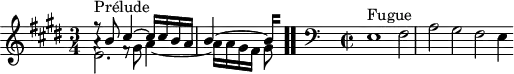 
\version "2.18.2"
\header {
  tagline = ##f
}
\score {
  \new Staff \with {
  }
<<
  \relative c'' {
    \key e \major
    \time 3/4
    \set Staff.midiInstrument = #"harpsichord" 
     %% INCIPIT CBT II-9, BWV 878, mi majeur
     << { r8^\markup{Prélude} b8 cis4~ cis16 cis b a | \once \override Staff.TimeSignature #'stencil = ##f \time 3/4 
{ 
 % suppression des warnings :
 #(ly:set-option 'warning-as-error #f)
 #(ly:expect-warning (_ "stem does not fit in beam")) %% <= à traduire éventuellement
 #(ly:expect-warning (_ "beam was started here")) %% <= à traduire éventuellement
b4~ 
  \set stemRightBeamCount = #2
  b4*1/4[ s]
}
 } \\ { e,2. } \\ { a4\rest f8\rest \stemDown gis8 a4_~ a16 a gis fis gis8 } >> \bar ".."
     \relative c
     \skip 4*1
     \override Staff.Clef.extra-offset = #'( -1 . 0 )
     \clef bass
\override Staff.TimeSignature #'stencil = #ly:text-interface::print
\override Staff.TimeSignature #'text = \markup \musicglyph #"timesig.C22"
     \time 4/2 
     s4*0^\markup{Fugue} e,1 fis2 a gis fis e4
  }
>>
  \layout {
     \context { \Score \remove "Metronome_mark_engraver"  \override SpacingSpanner.common-shortest-duration =
        #(ly:make-moment 1/3) }
  }
  \midi {}
}
