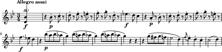 
\relative c''' {
  \version "2.18.2"
  \tempo "Allegro assai"
  \key bes \major
  \time 3/4
  \tempo 4 = 140
  <<
    { bes2.\f | } \\
    { \stemUp <bes, d,>4 s2 | }
  >>
  r4 bes8-.\p r c-. r |
  d8-. r es-. r e-. r |
  f8-. r g-. r d-. r |
  ees!4.\f d8 c4 |
  r4 a8-.\p r bes-. r |
  c8-. r d-. r ees-. r
  f-. r g-. r e-. r
  f4.\f ees!8 d4
  r bes'8 \p (a bes aes g4)
  bes8 (a! bes aes g4)
  bes8 (a! bes aes g4) r r
  r g8 (fis g f! ees2 d4)
  \grace f16  (ees4)-. d-. c-.
  c2 (d4)
}
