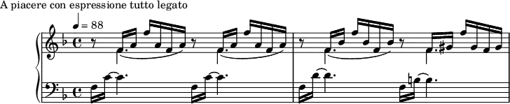 
\version "2.18.2"
\header {
  tagline = ##f
}
upper = \relative c' {
  \clef treble 
  \key f \major
  \time 4/4
  \tempo 4 = 88
  %\autoBeamOff
   %%Montgeroult — Étude 19 (pdf p. 52)
   << { \repeat unfold 2 { b'8\rest f16_( a f' a, f  a)} } \\ { \mergeDifferentlyDottedOn s8 f4. s8 f4. } >>
   << { b8\rest f16_( bes f' bes, f bes) b8\rest f16 gis f' gis, f gis } \\ { \mergeDifferentlyDottedOn s8 f4. s8 f4. } >>
}
lower = \relative c {
  \clef bass
  \key f \major
  \time 4/4
   \repeat unfold 2 { f16 c'~ c4. } f,16 d'~ d4. f,16 b!~ b4.
}
  \header {
    piece = "A piacere con espressione tutto legato"
  }
\score {
  \new PianoStaff <<
    \new Staff = "upper" \upper
    \new Staff = "lower" \lower
  >>
  \layout {
    \context {
      \Score
    }
  }
  \midi { }
}
