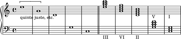 
\version "2.14.2"
\header {
  tagline = ##f
}
upper = \relative c'' {
  \clef treble 
  \key c \major
  \time 4/4
  %\autoBeamOff
  \[ e1-"quinte juste, etc." a, \] d, s1*2 \bar "||" 
  \chordmode { e'1:m7 a:m7 d:m7 } s1-"V" s1-"I"
}
lower = \relative c' {
  \clef bass
  \key c \major
  \time 4/4
   s1*3 g1 c,
   s1-"III" s1-"VI" s1-"II"  \chordmode { g,1:7 c, }
} 
\score {
  \new PianoStaff <<
    \set PianoStaff.instrumentName = #""
    \new Staff = "upper" \upper
    \new Staff = "lower" \lower
  >>
  \layout {
    \context {
      \Score
      \remove "Metronome_mark_engraver"
      \remove "Bar_number_engraver"
    }
  }
  \midi { }
}
